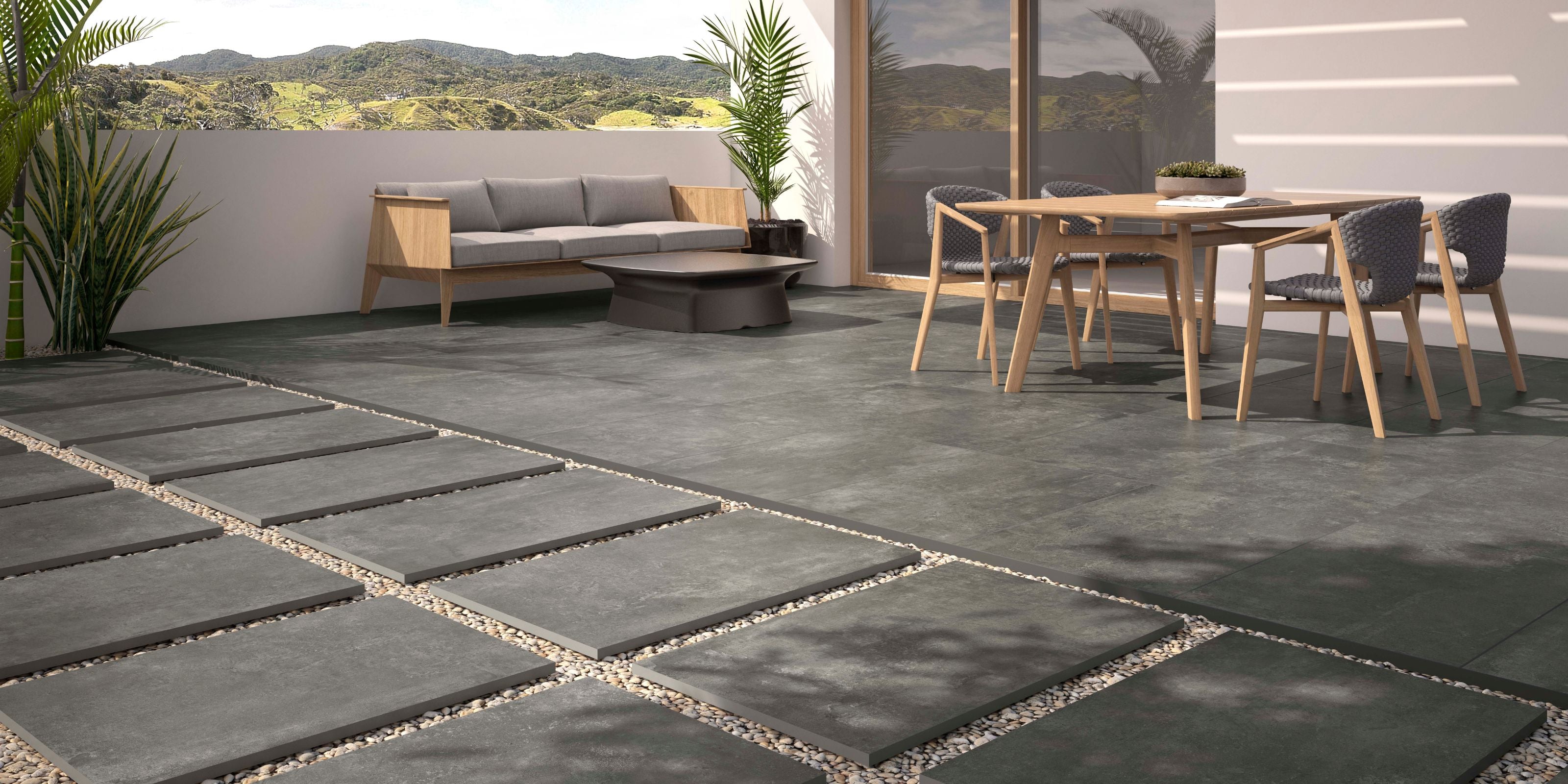 Garden Patio with 20mm Dark Grey Stone Effect Outdoor Porcelain Tiles