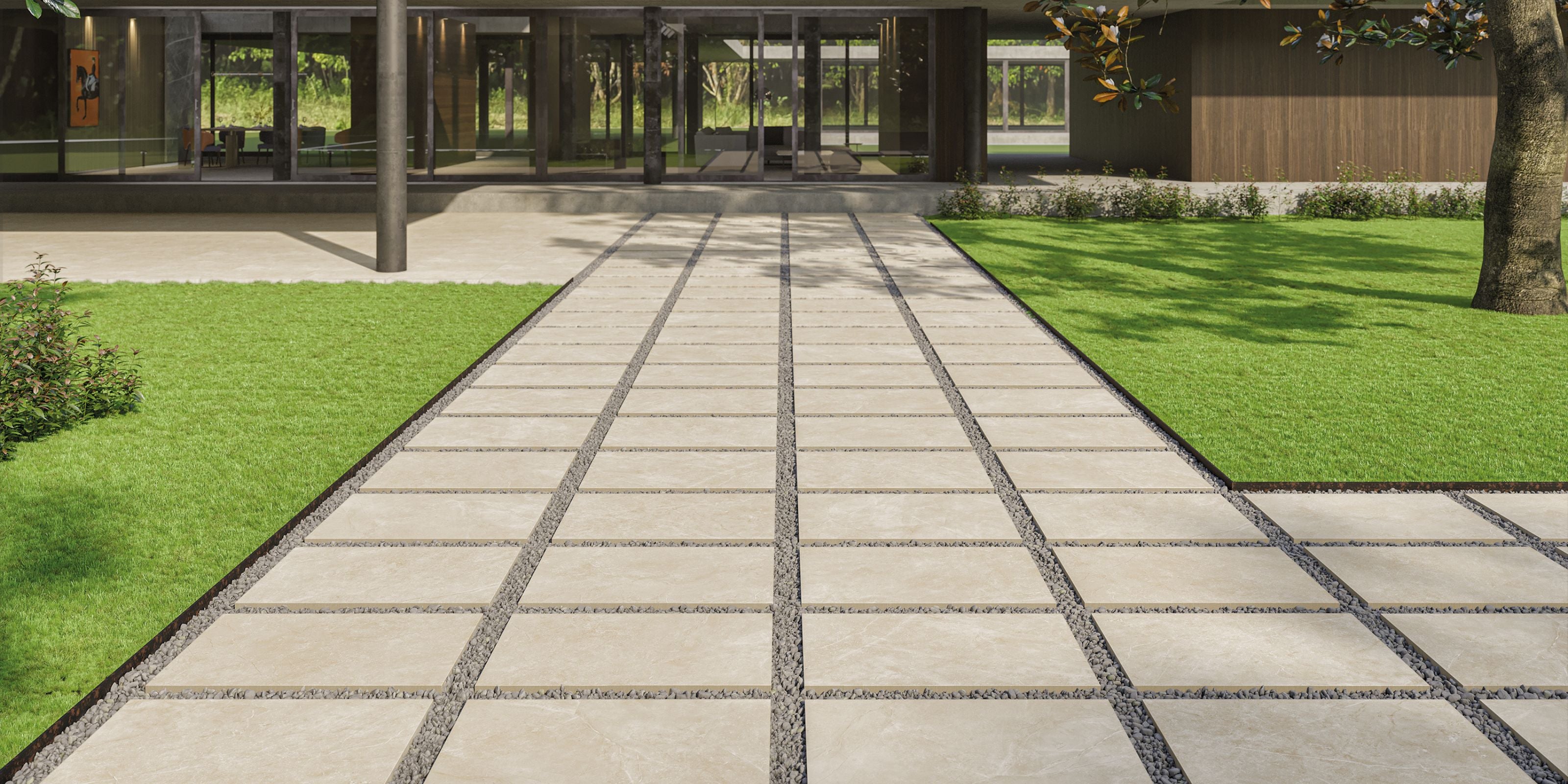 Wide and Long arden Pathway made with 20mm Grey Stone Effect Porcelain Outdoor TIles