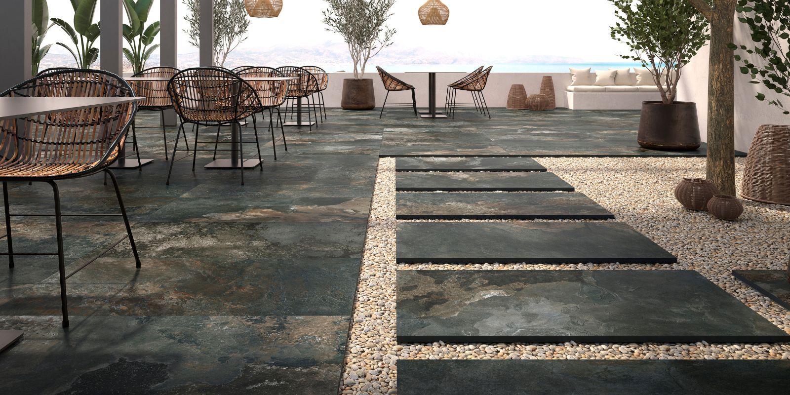 Garden patio and seating area and pathway, 20mm black stone effect porcelain outdoor tiles