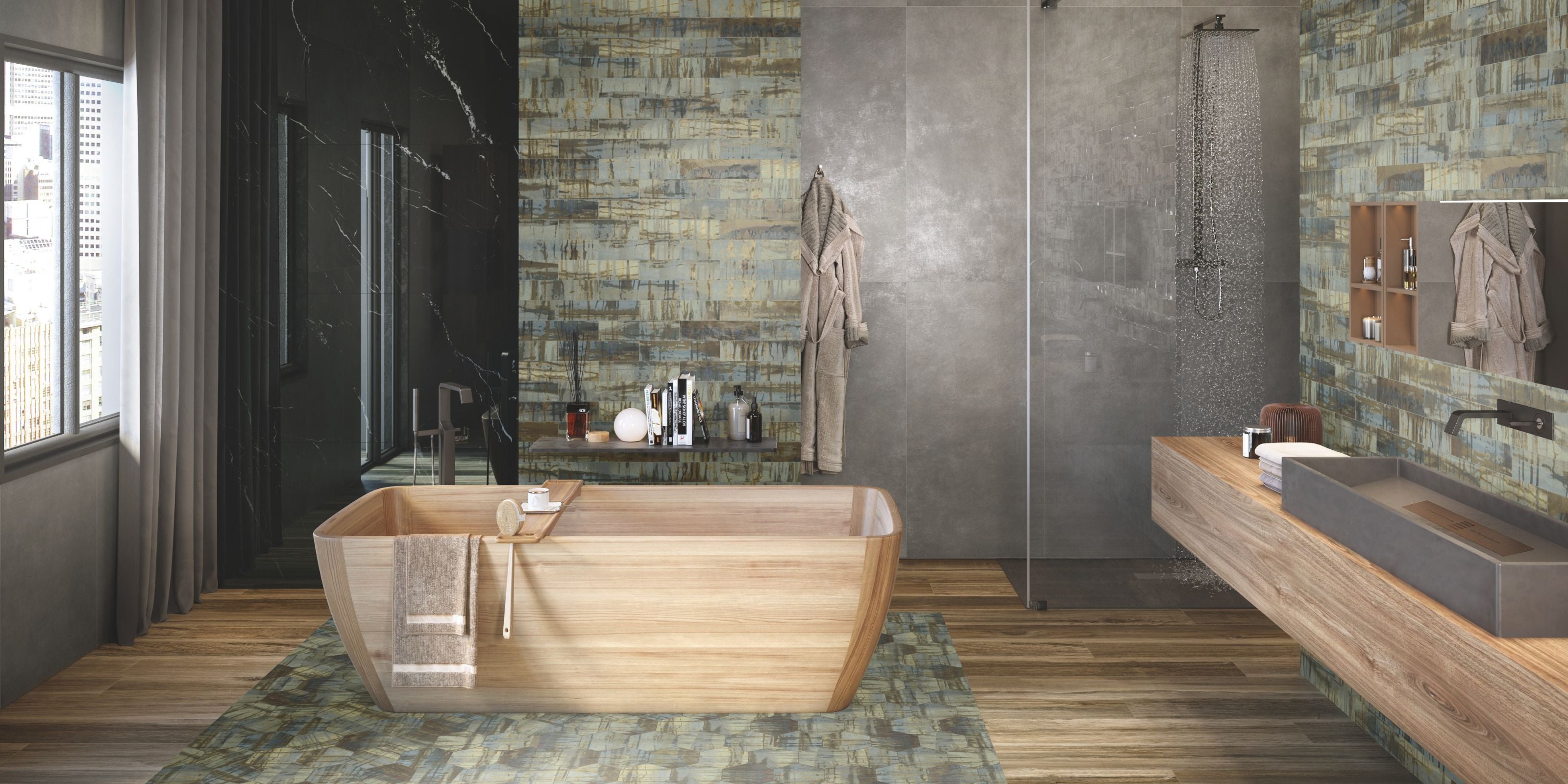 large open bathroom with a freestanding bathtub and a walk-in shower. Floor is tiled with brown wood effect porcelain tiles and the wall are tiled with green patterned stone effect porcelain tiles
