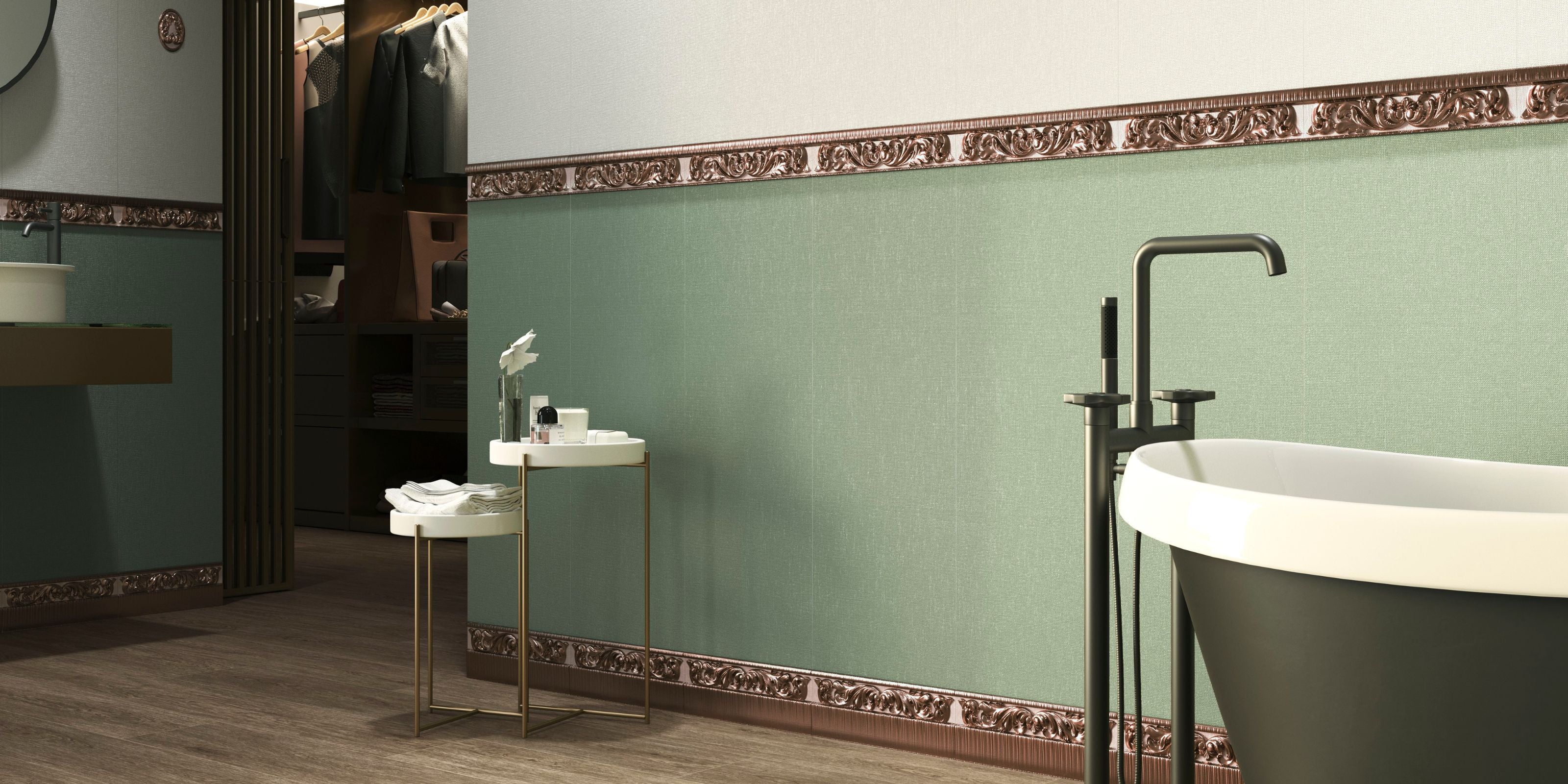 Bathroom wall close up with green wainscotting