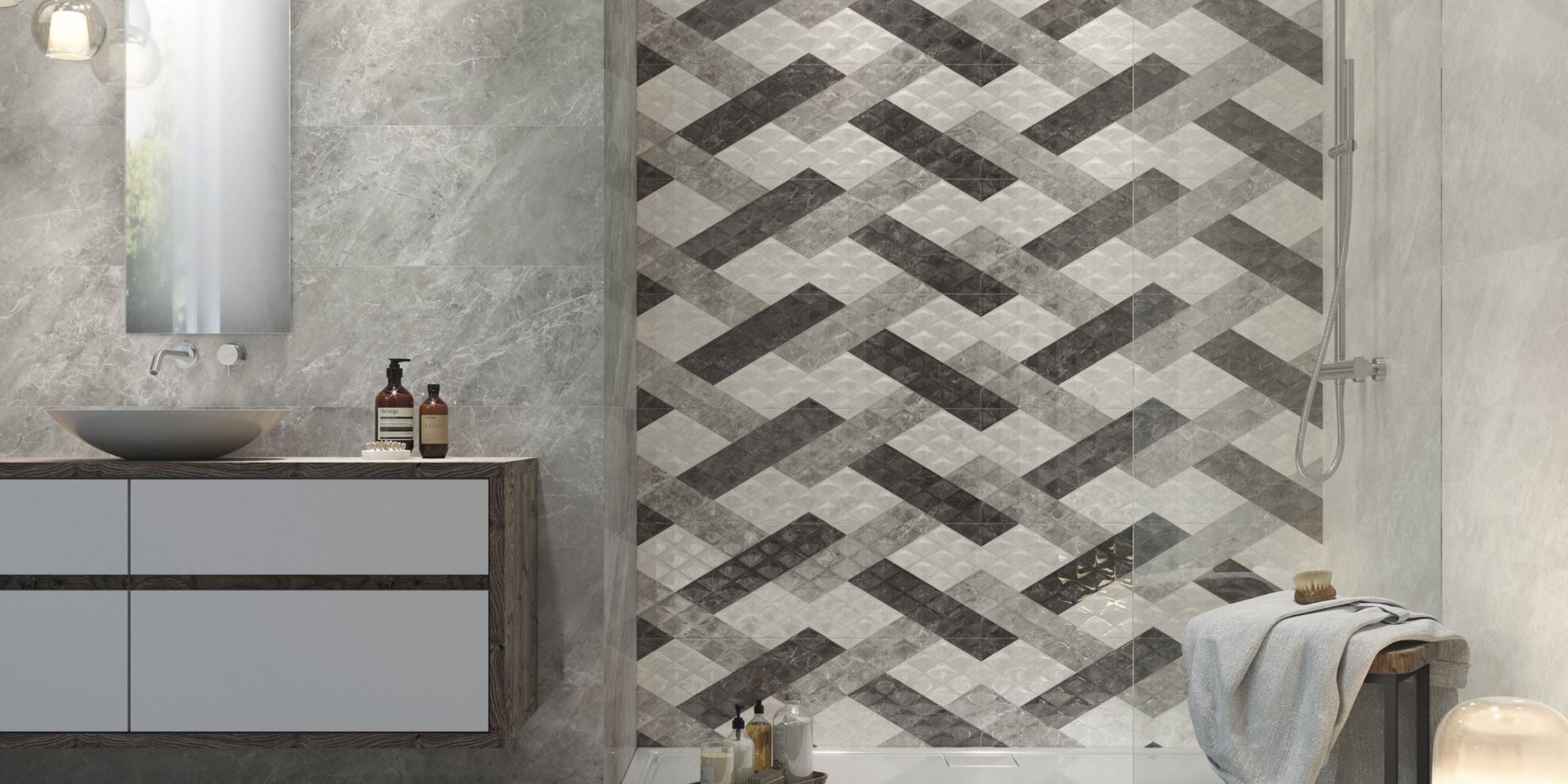 Grey patterned Stone Effect Bathroom Wall Tile Section