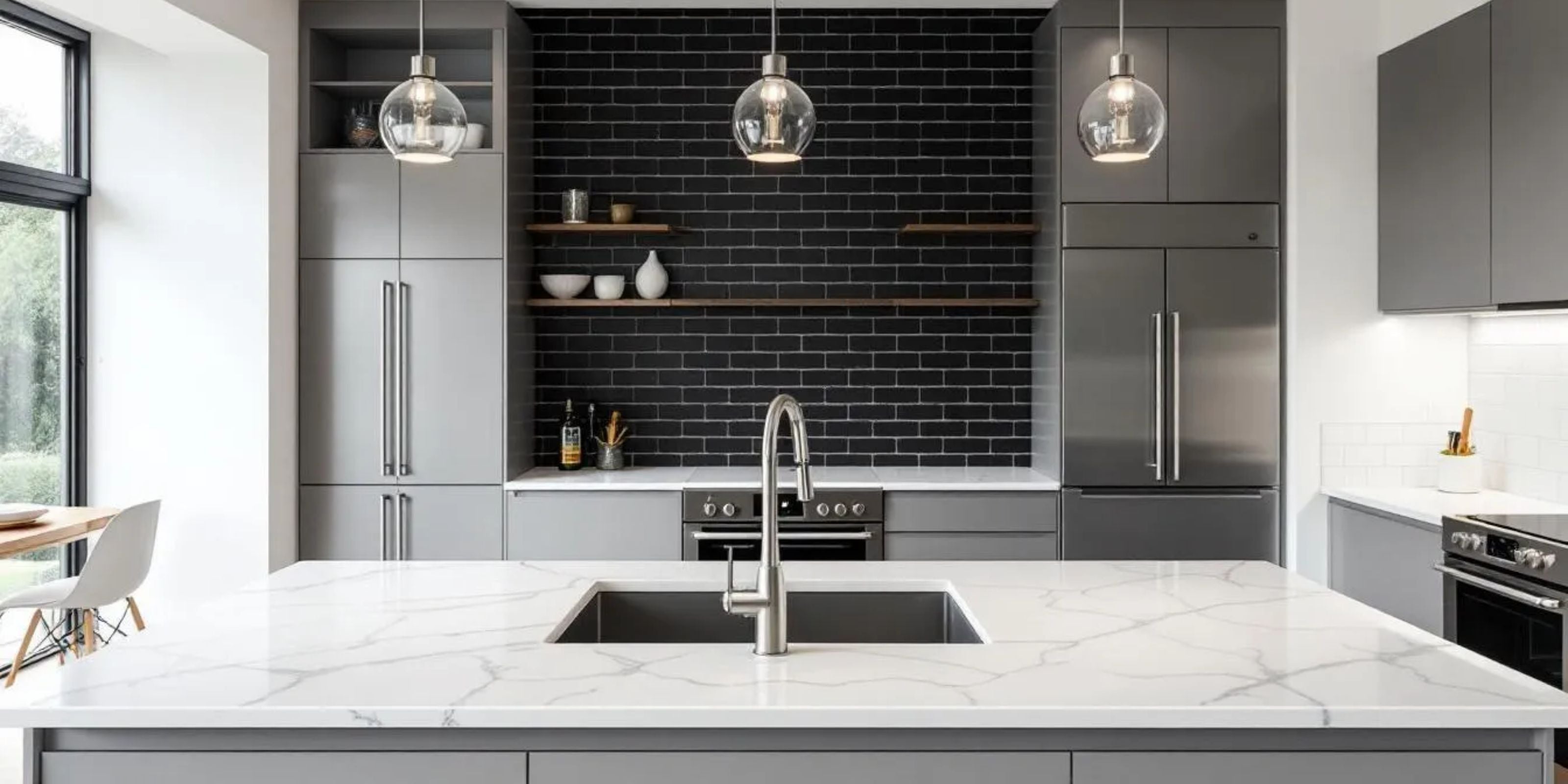 Kitchen with a large marble top island and a backplash wall with black subway wall tiles