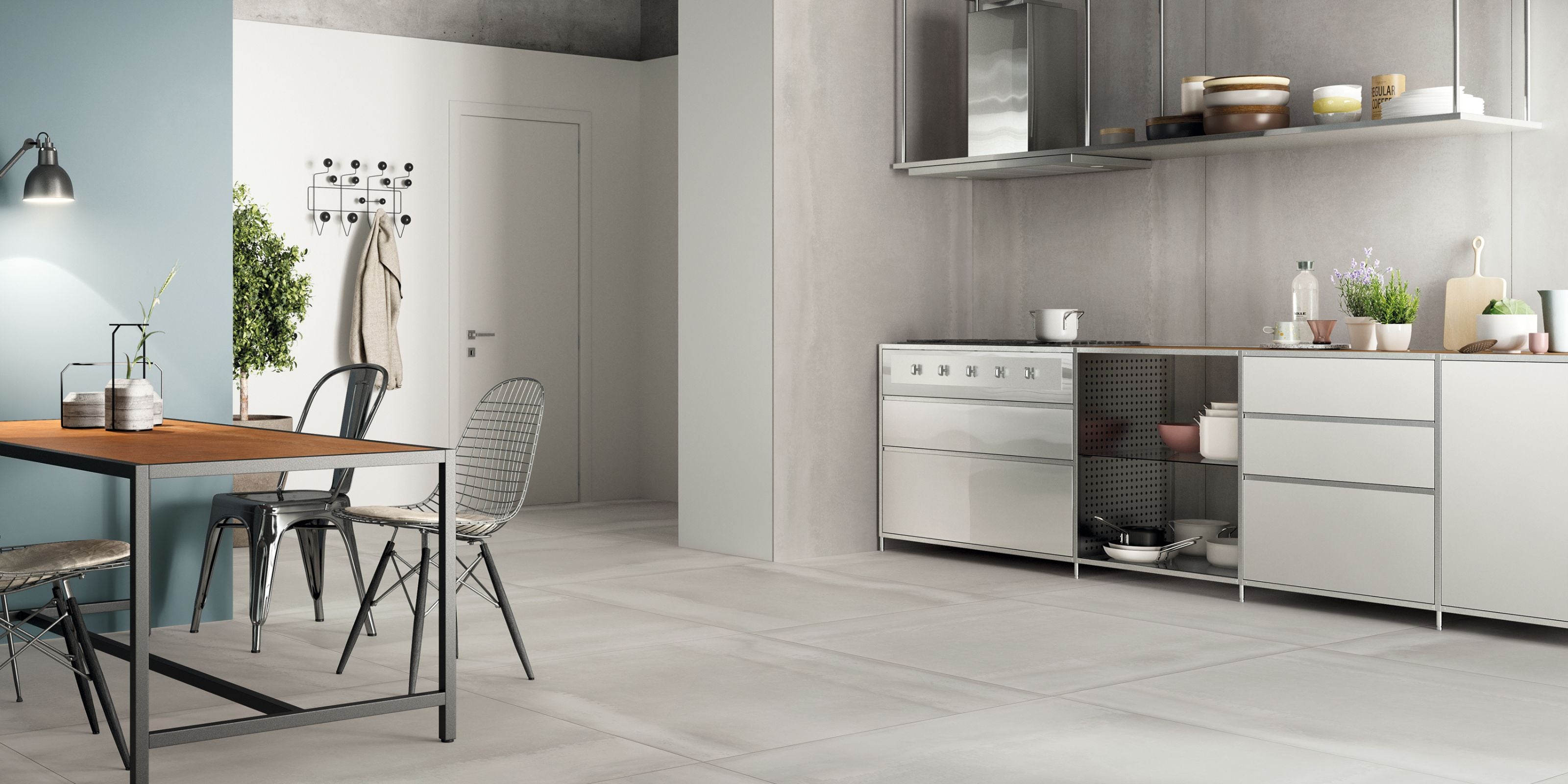 Large Kitchen with Large-Format Matt White Floor and Wall Tiles