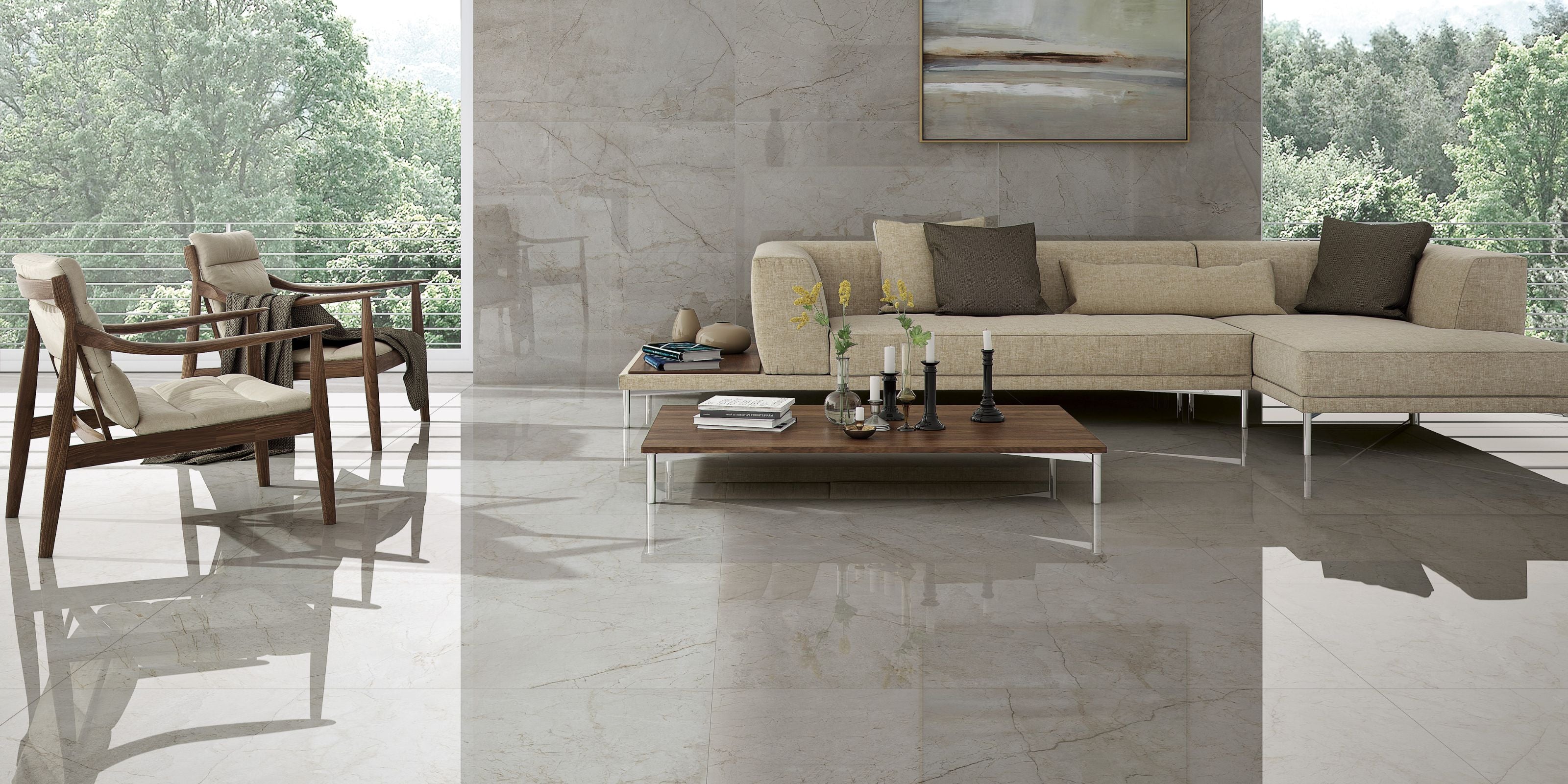 large living room with sofa and chairs. floors and walls tiles with polished subtle white stone effect porcelain floor and wall tiles