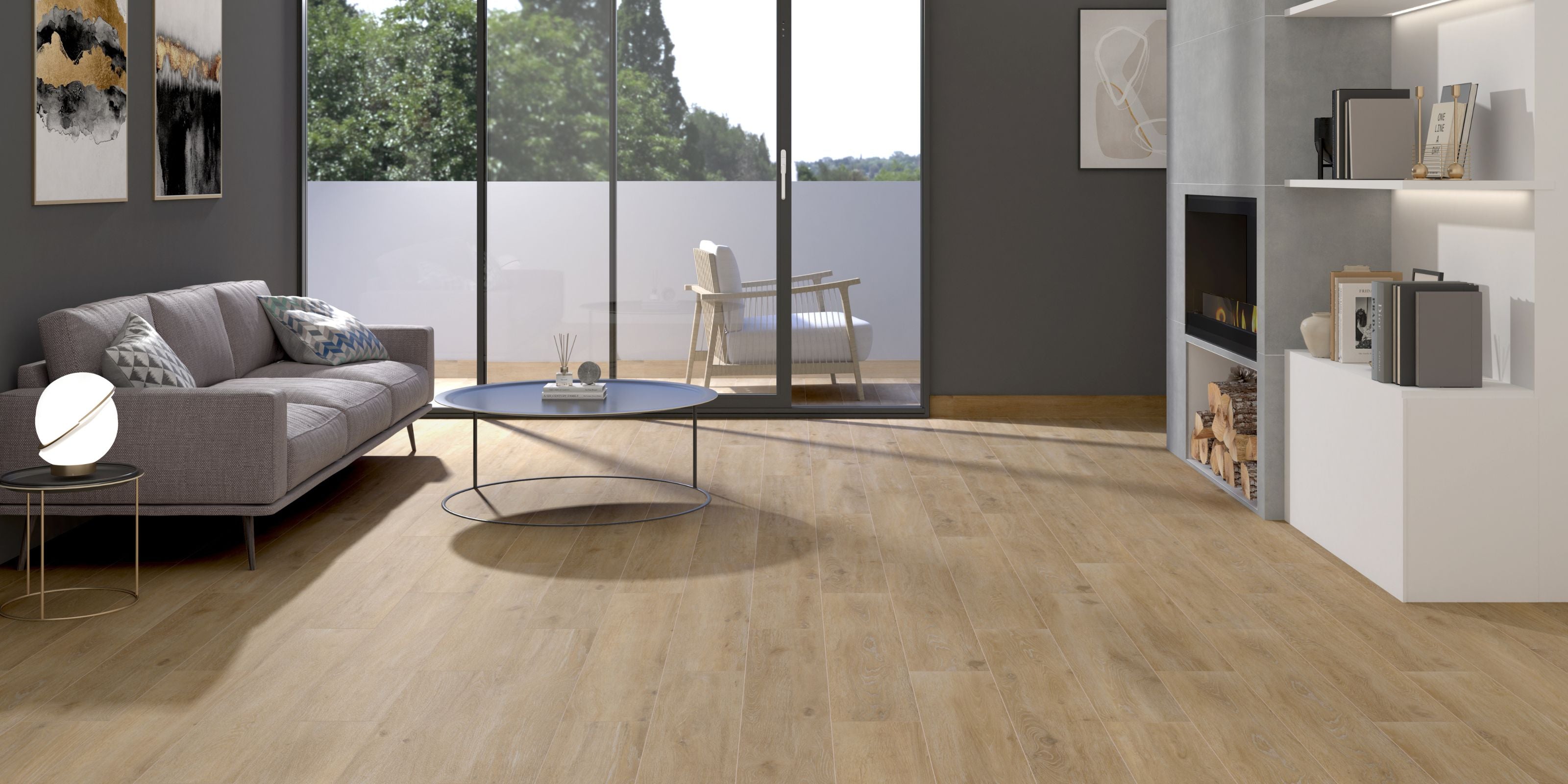 living room and patio with light wood effect porcelain floor tiles
