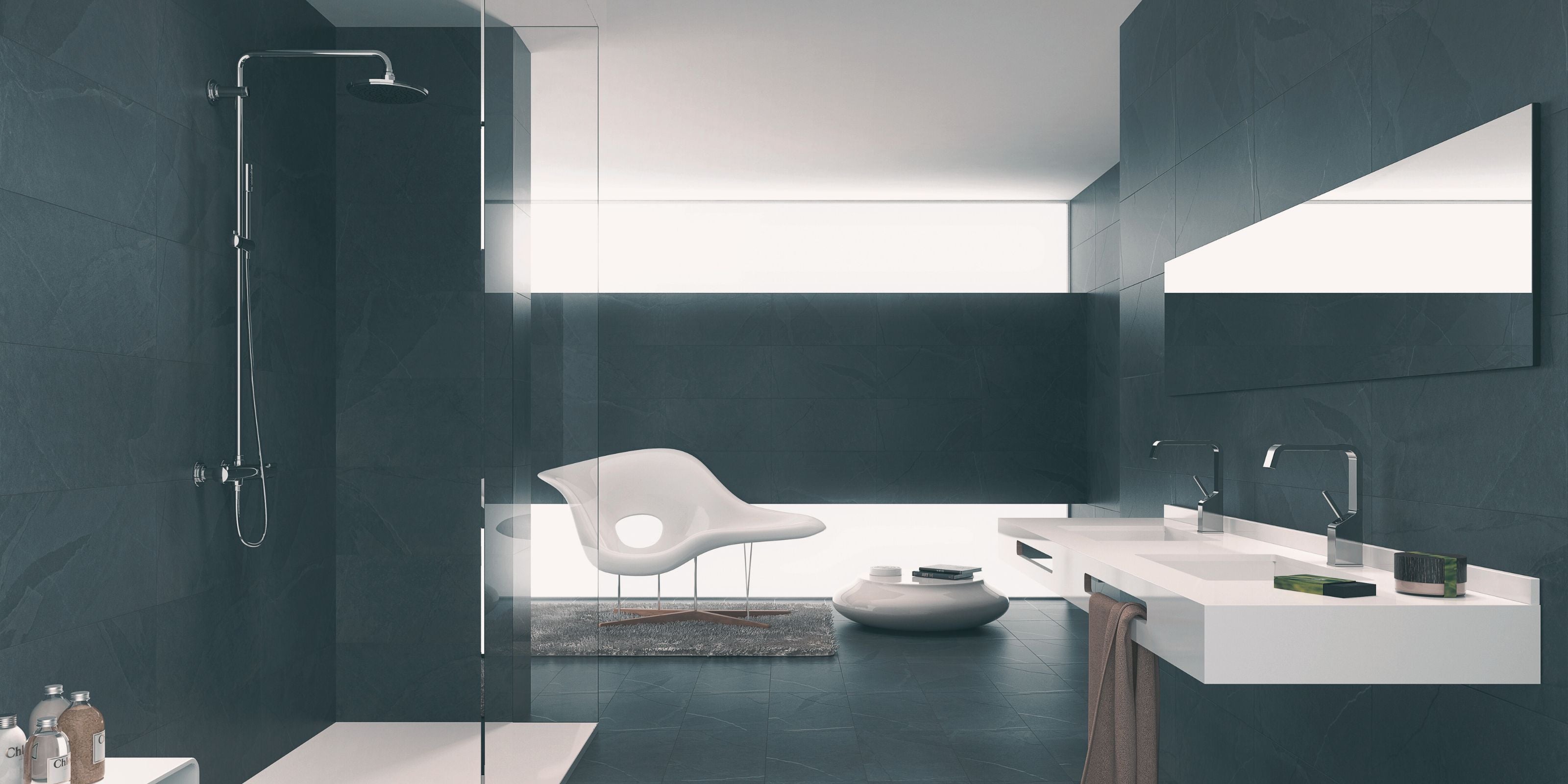 Large Contemporary Bathroom with Matt Black Stone Effect Bathroom Floor and Wall TIles and white accents