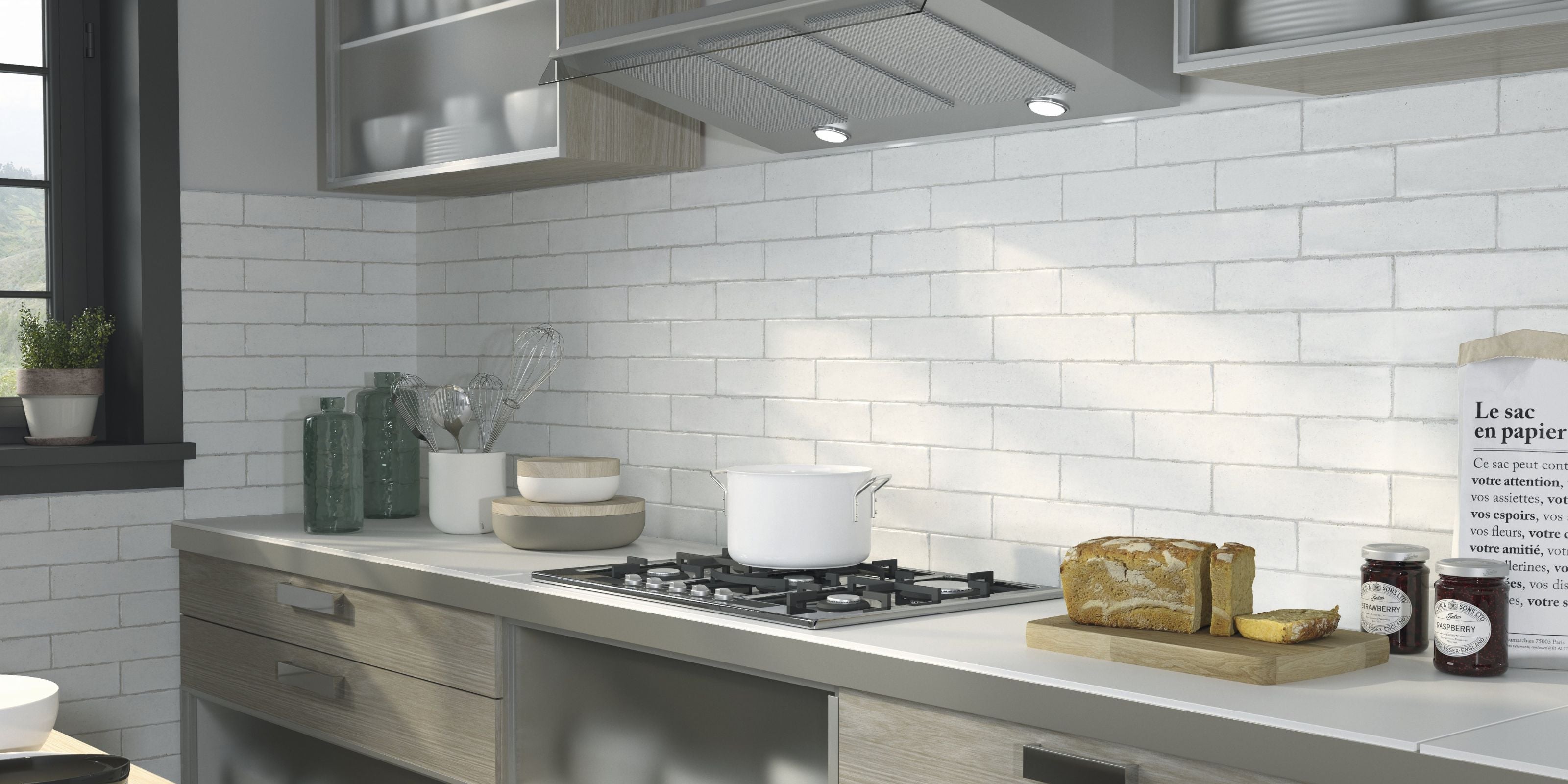Kitchen with Matt White Brick Subway Kitchen Wall TIles