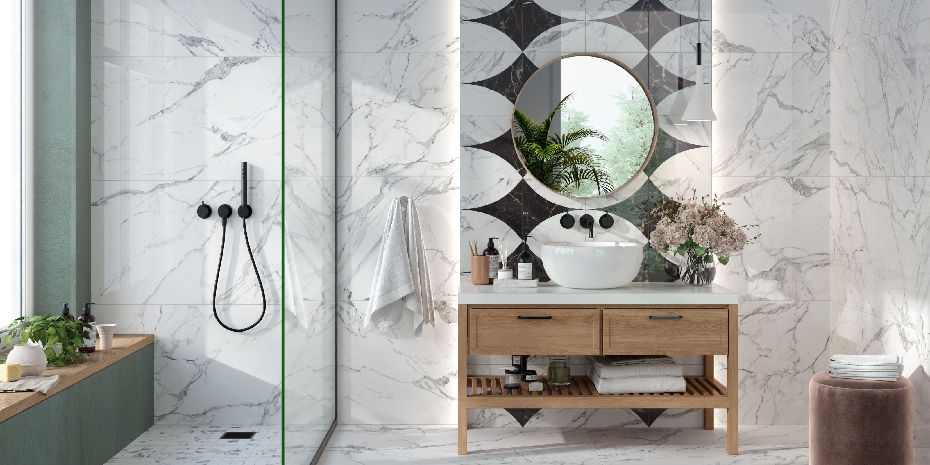 Matt White Marble Effect Bathroom Floor and Wall Tile Section