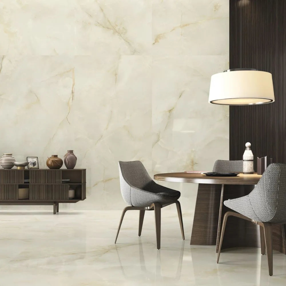 Quintos Cream Pulido 120 x 120cm ONyx Effect Tile Living Room Floor and Wall