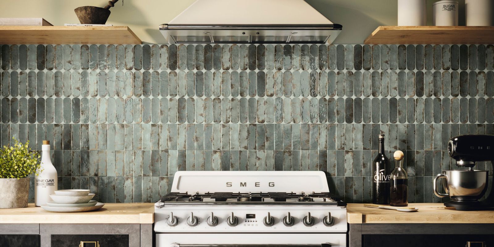 green rustic copper effect ceramic subway kitchen backsplash wall tile