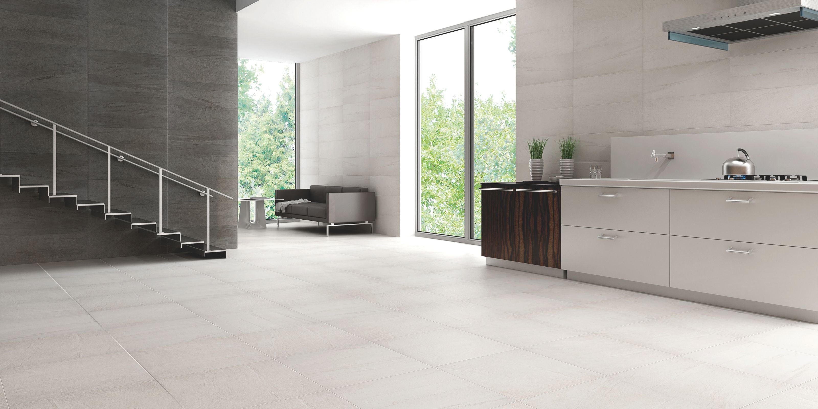 White and Dark Grey Kitchen Floor and Wall Tile Section