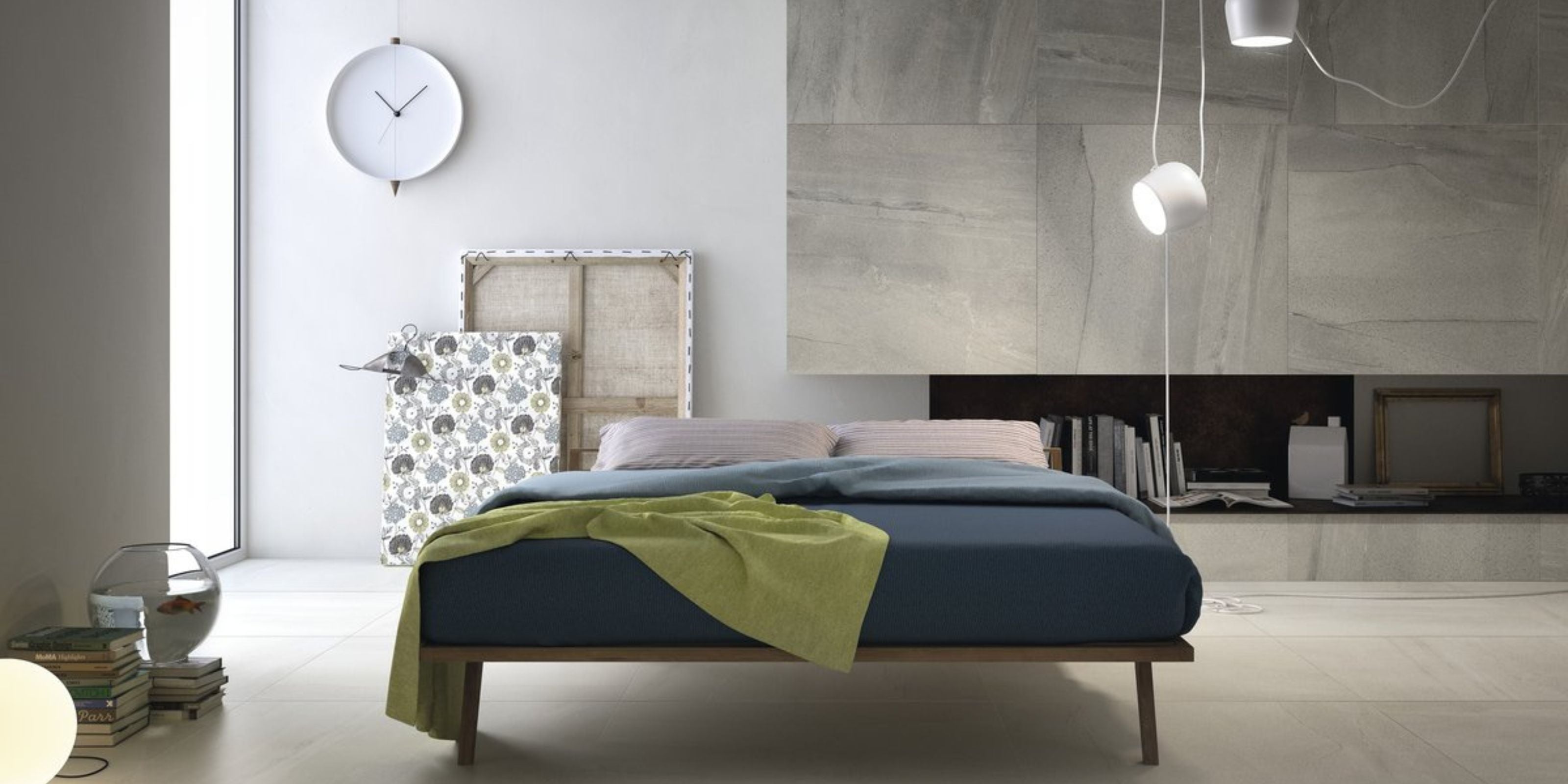 modern industrial bedroom with large 120x120cm stone effect wall tiles