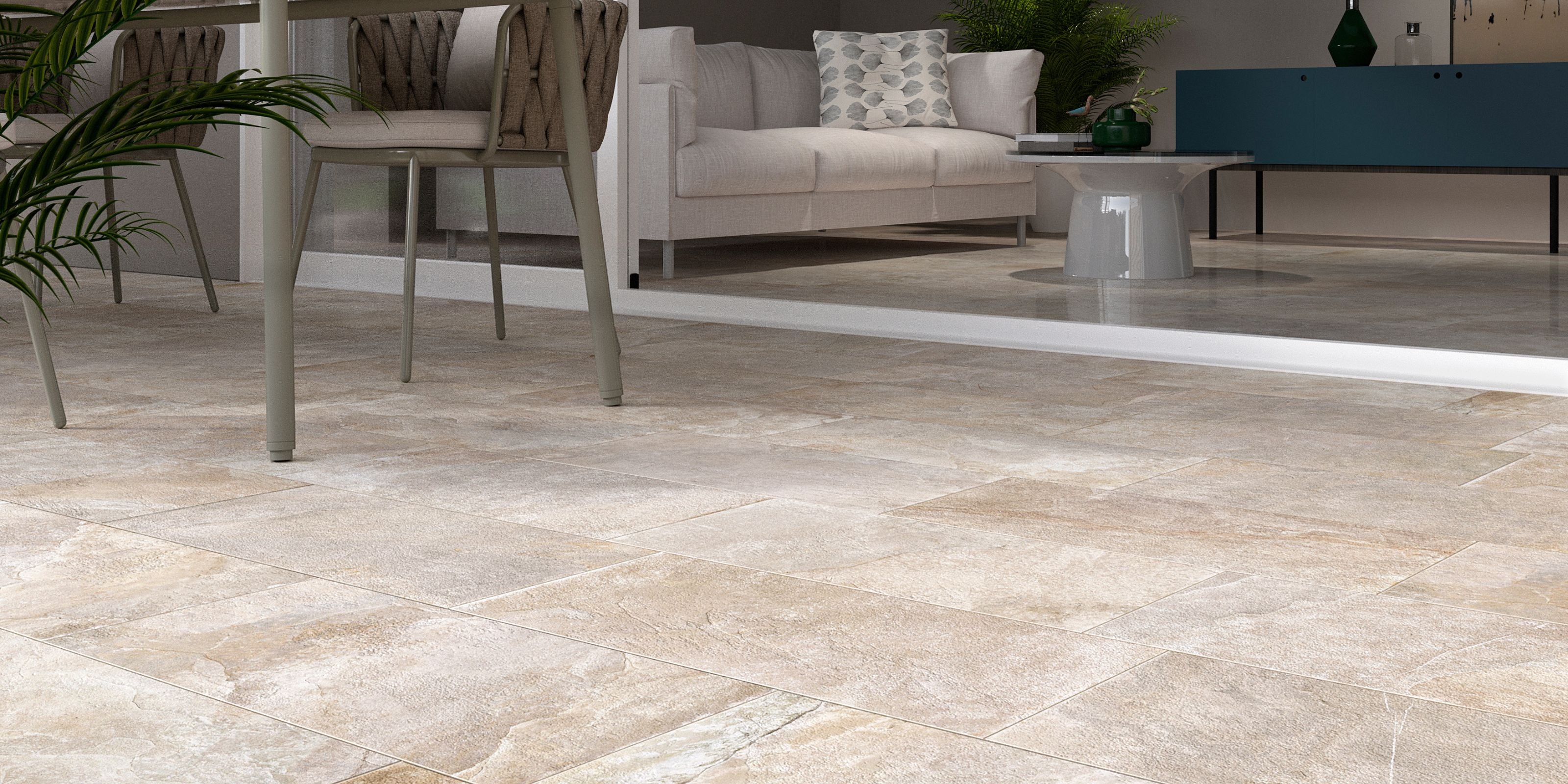 living room and outdoor patio, beige matt stone effect porcelain floor tiles