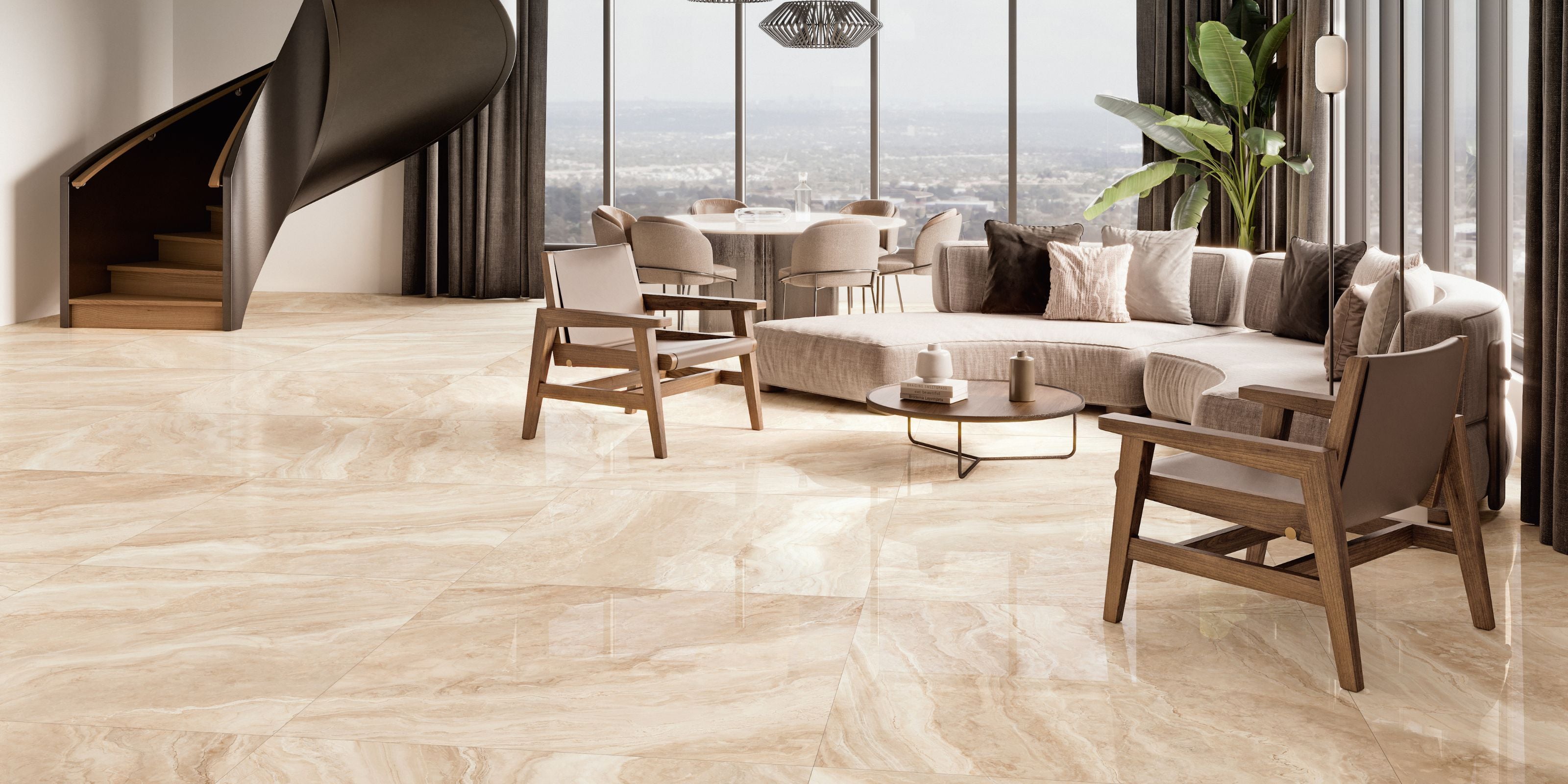 large living room, beige polished onyx effect porcelain floor tiles