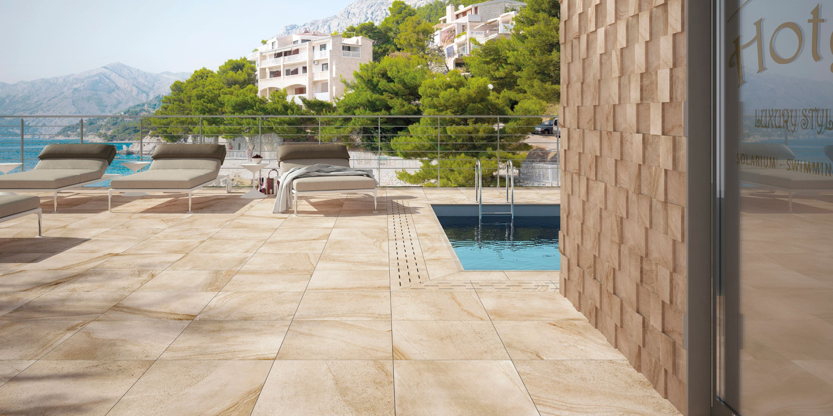 outdoor pool area, beige stone effect 20mm outdoor porcelain tiles