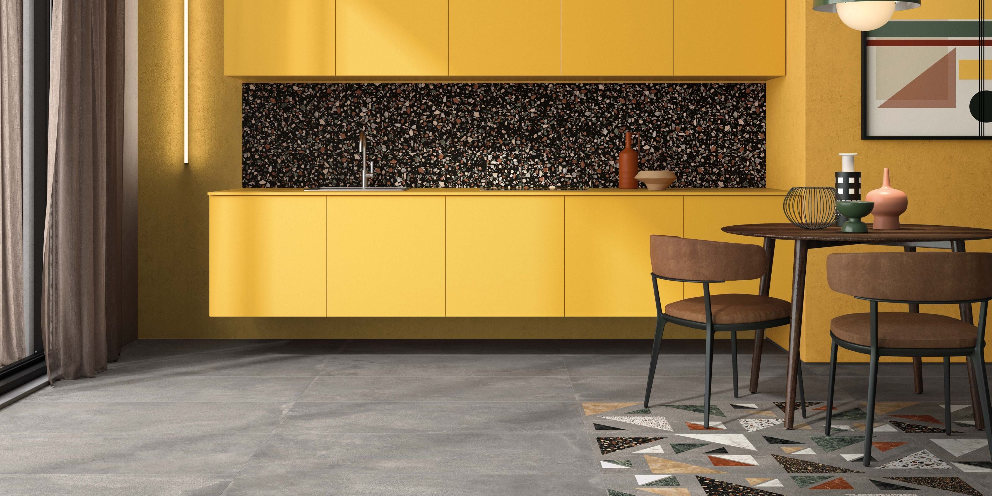 Vibrant Kitchen with dark grey concrete effect porcelain kitchen floor tiles