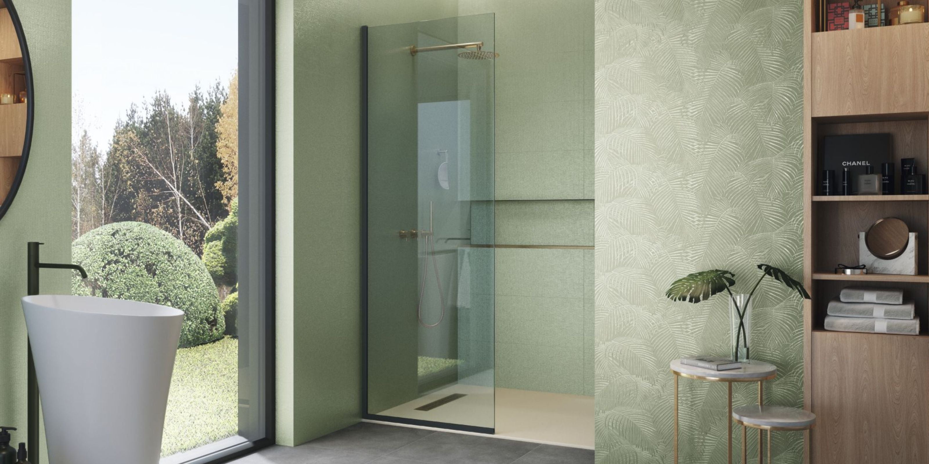 bathroom with a large walk-in shower and leaf-patterned green bathroom wall tiles