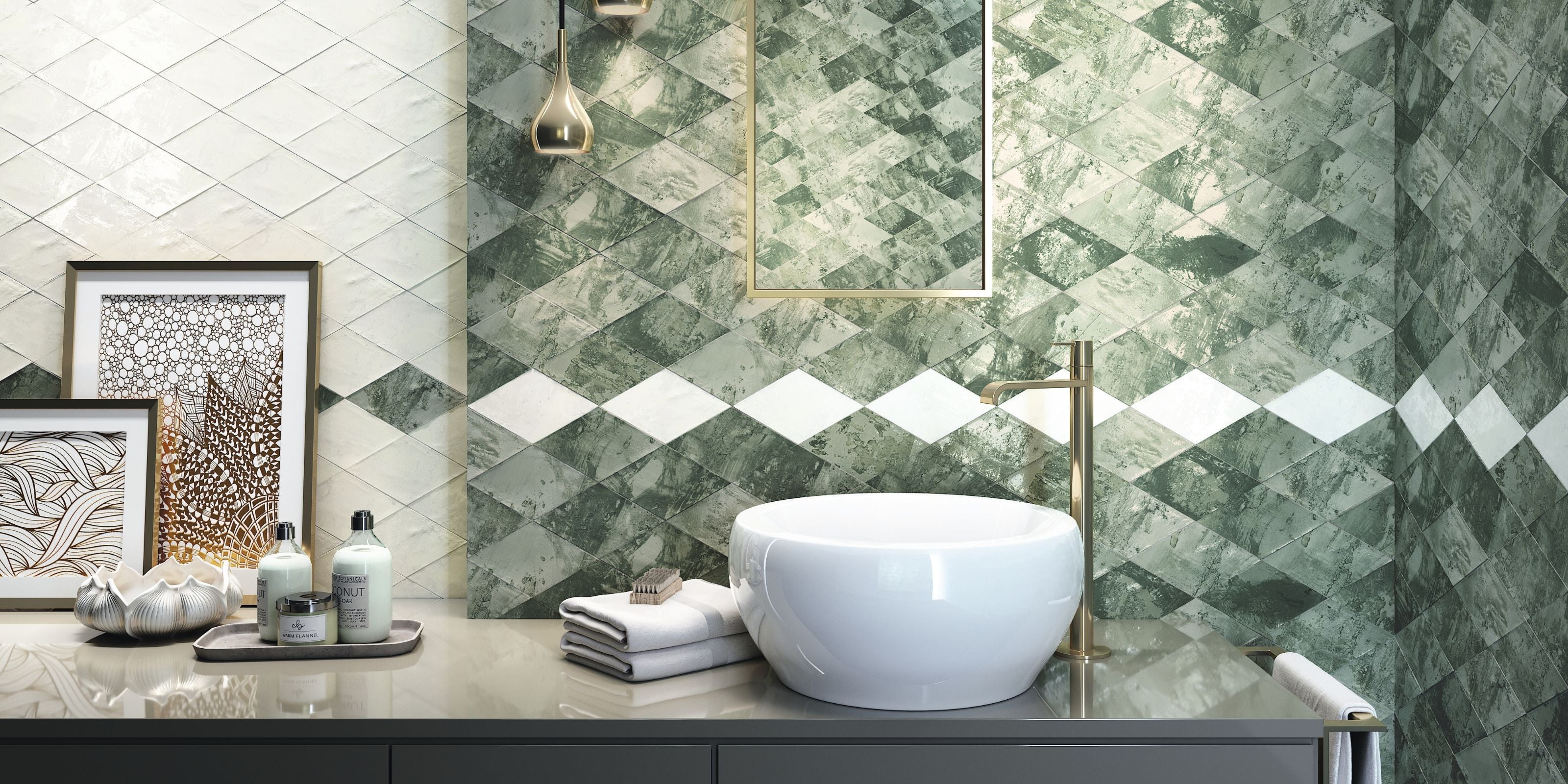 Bathroom vanity and basin with green and white stone effect diamond shaped splashback tiles