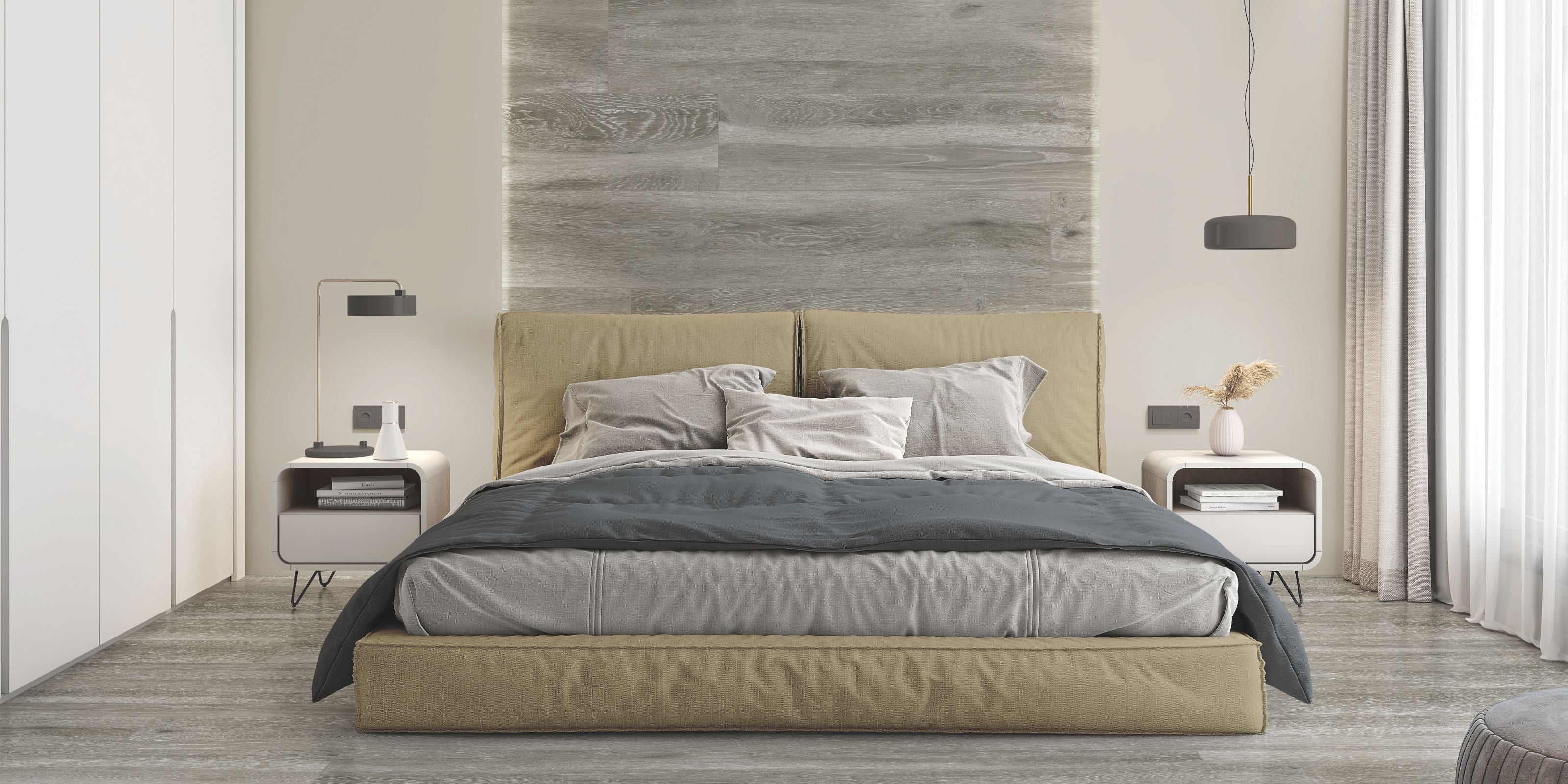 Bedroom with grey wood effect porcelain wall tile feature wall and wood effect porcelain floor tiles