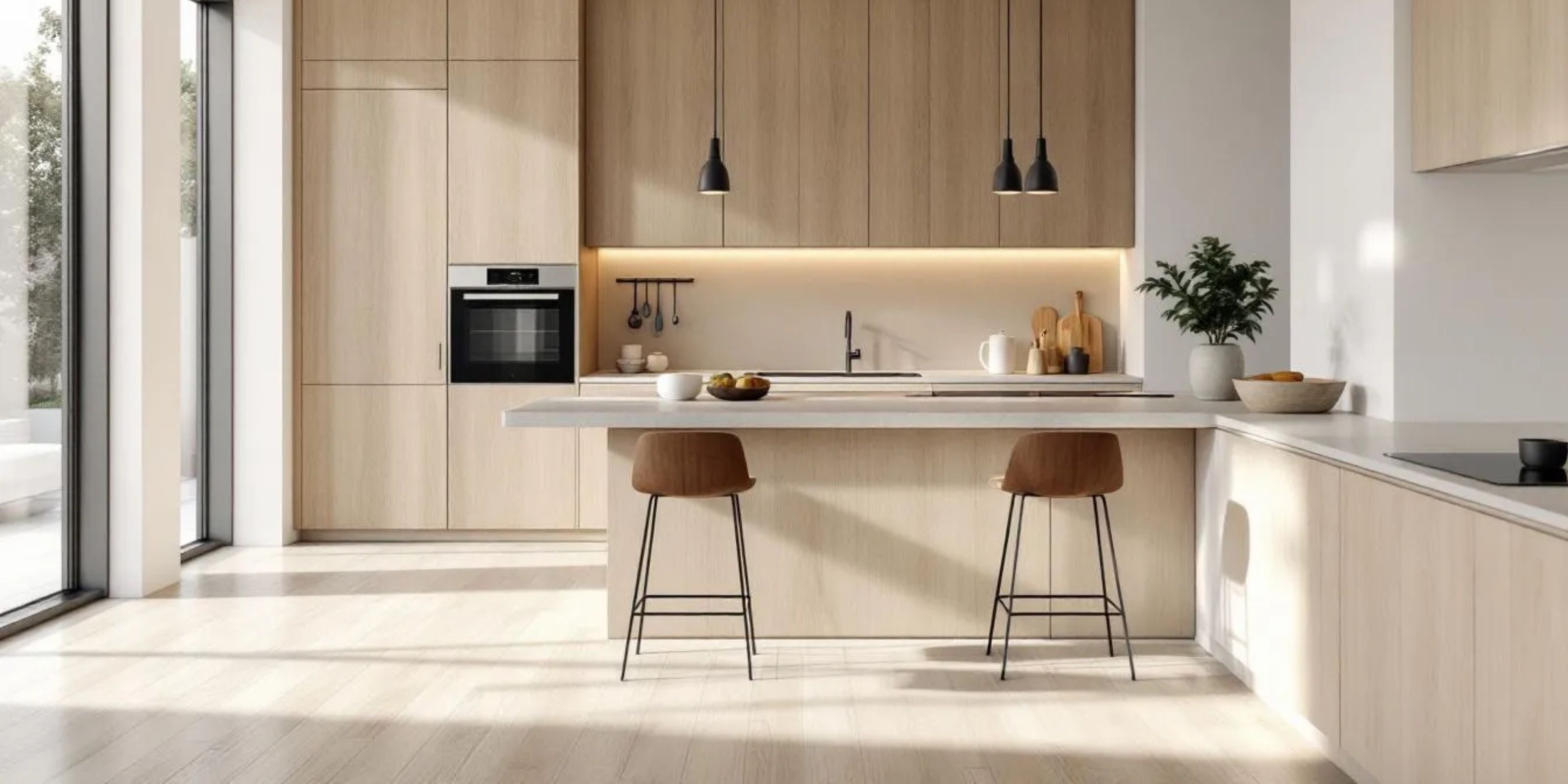 A modern kitchen with seamless integration of wood effect tiles.