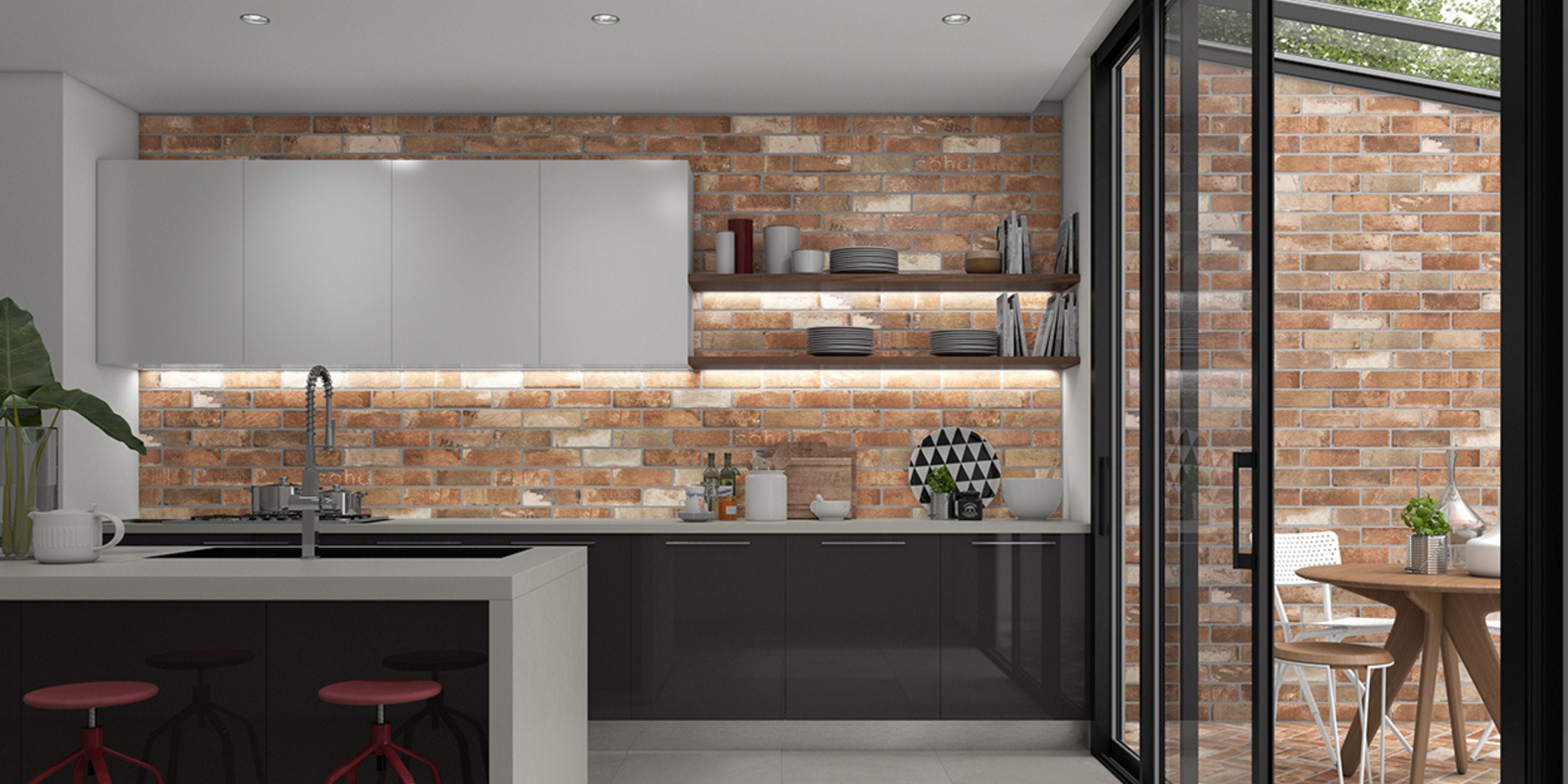 kitchen wth and orange brick effect stone cladding splashback