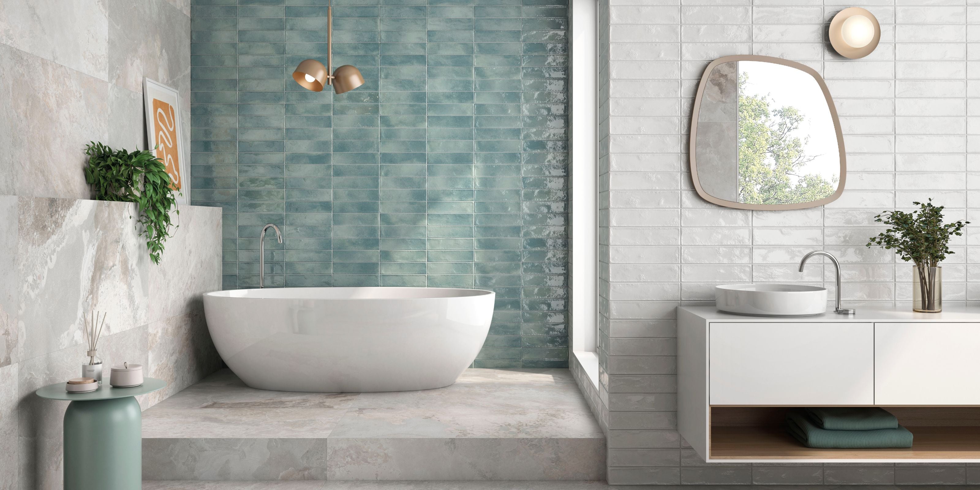 luzury spa-like bathroom. large matt stone effect porcelain floor and wall tiles. polished white subway bathroom wall tiles. polished blue subway porcelain bathroom wall tile