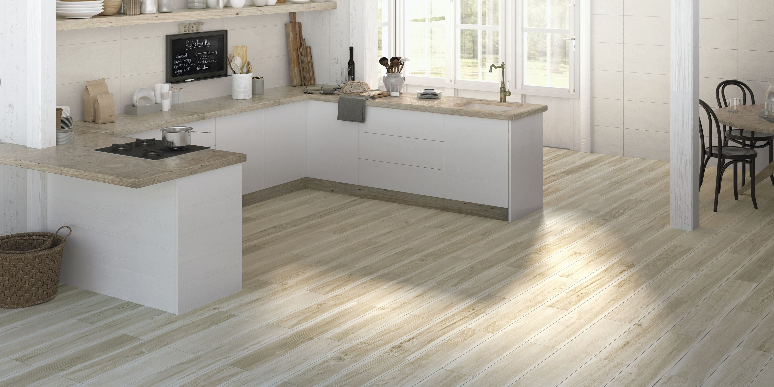 Large open kitchen with llight beige wood effect porcelan floor tiles