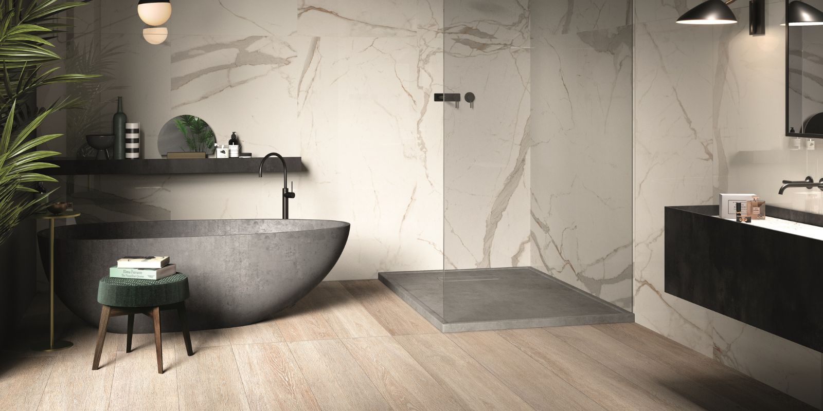 luxury modern bathroom with light brown wood effect porcelain floor tiles and white large-format marble effect wall tiles