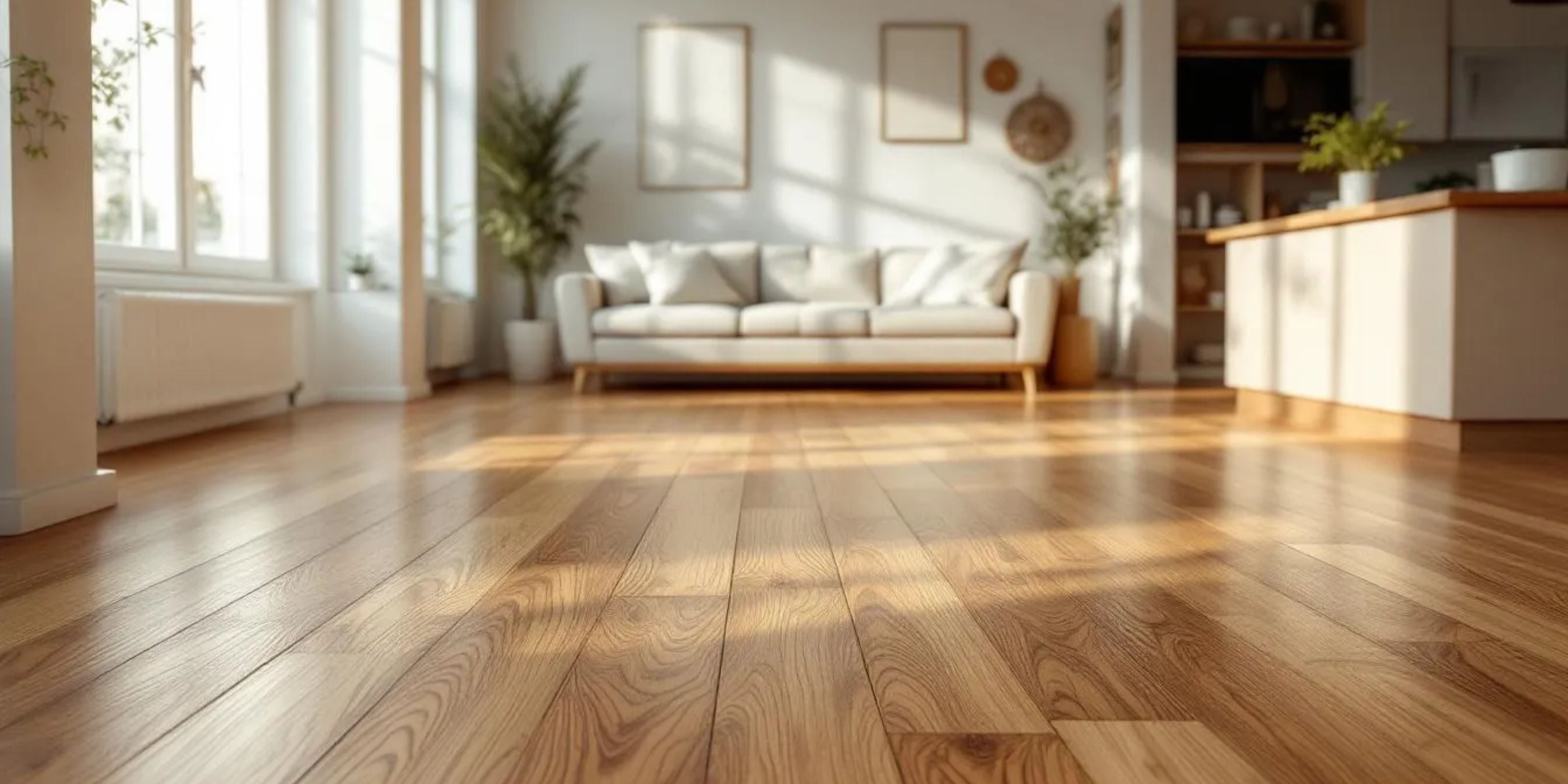 warm and cozy open-plan living area with realistic wood-effect porcelain plank flooring