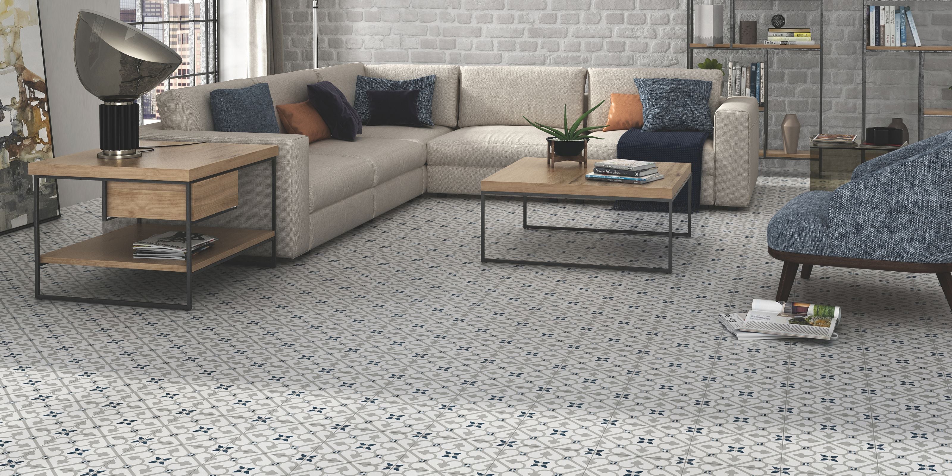 living room with grey victorian patterned floor tiles
