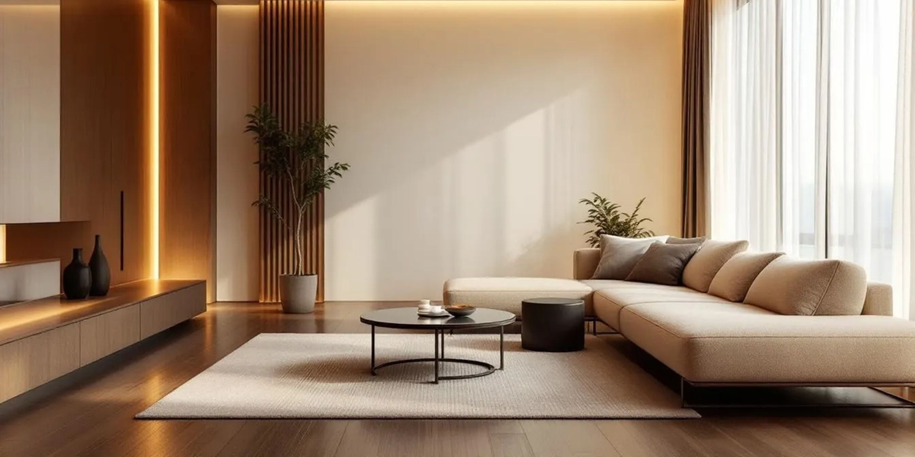 warm minimalist living room with dark wood-effect porcelain floor tiles