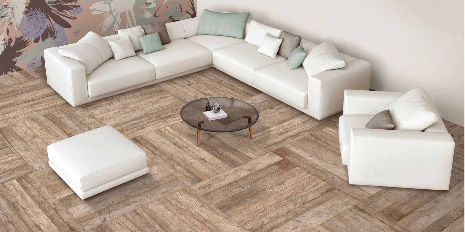 overhead view of a living room with large wood-effect porcelain floor tiles