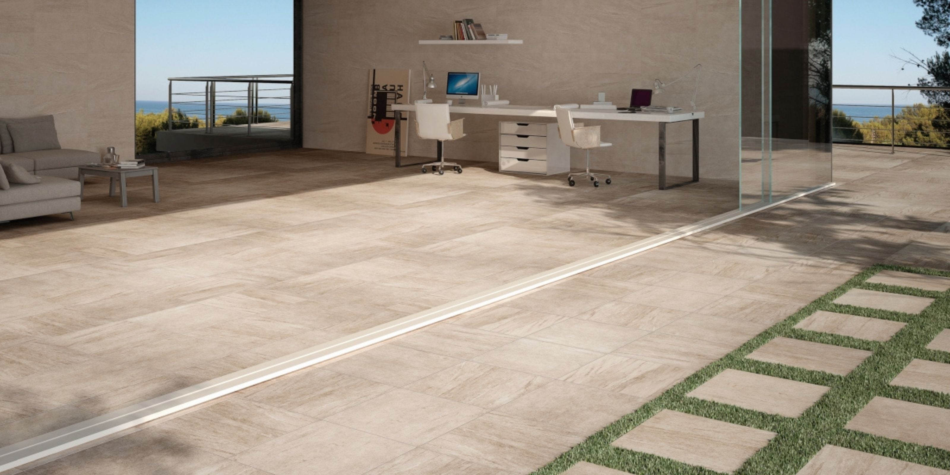 indoor/outdoor area with sliding glass windows, matt beige stone effect porcelain outdoor floor tiles