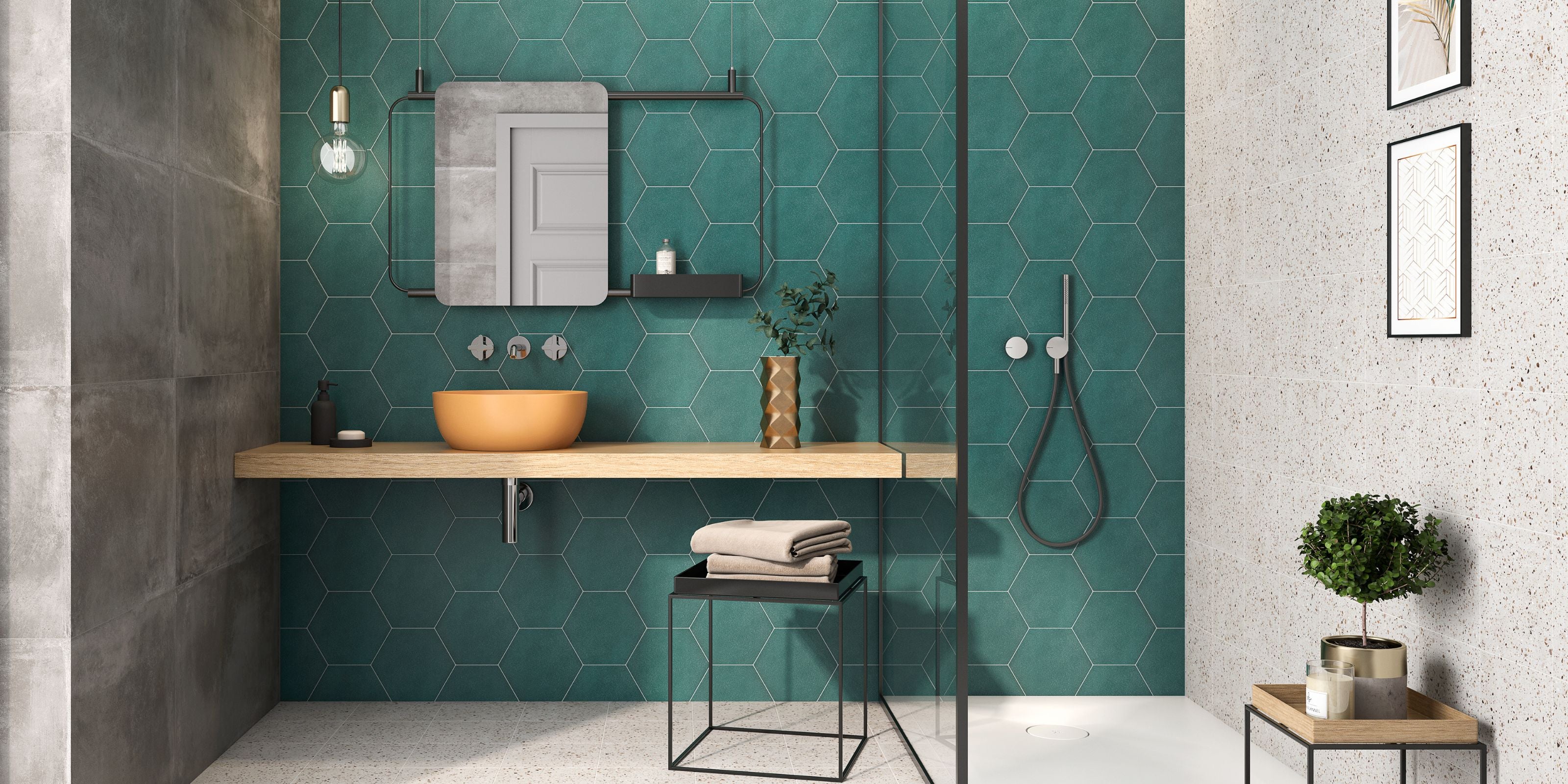 bathroom with vanity and walk-in shower enclosure, matt blue and green hexagonal bathroom wall tiles and grey stone effect wall tile