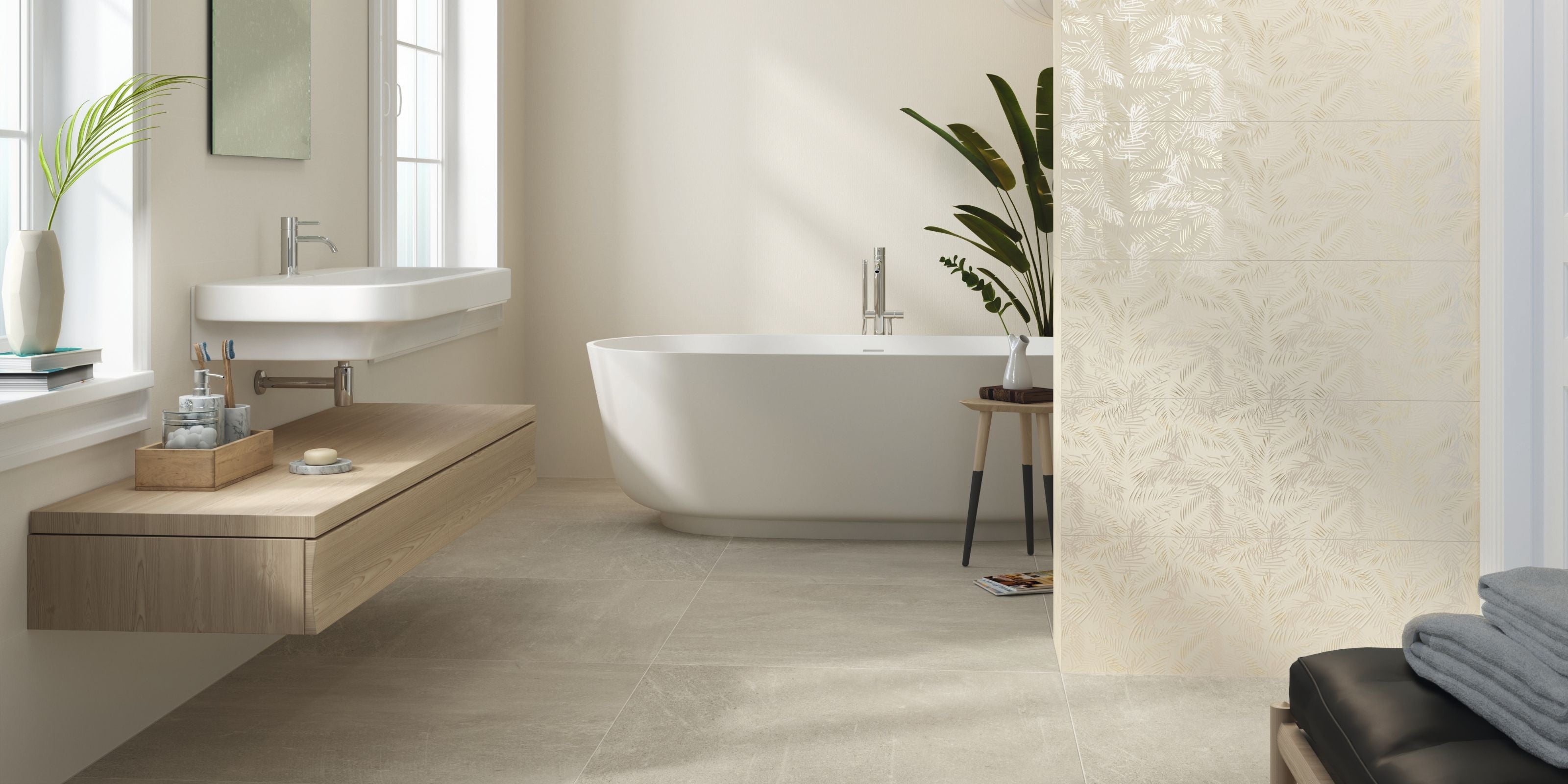 light airy bathroom, matt grey stone effect porcelain 60x60cm floor tiles