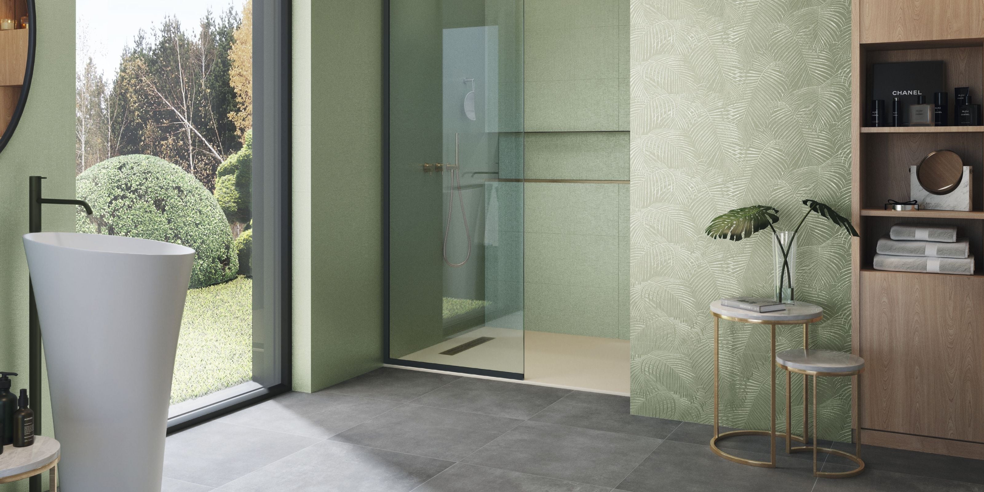 spacious modern bathroom, with matt grey stone effect porcelain bathroom tiles, green patterned ceramic bathroom tiles