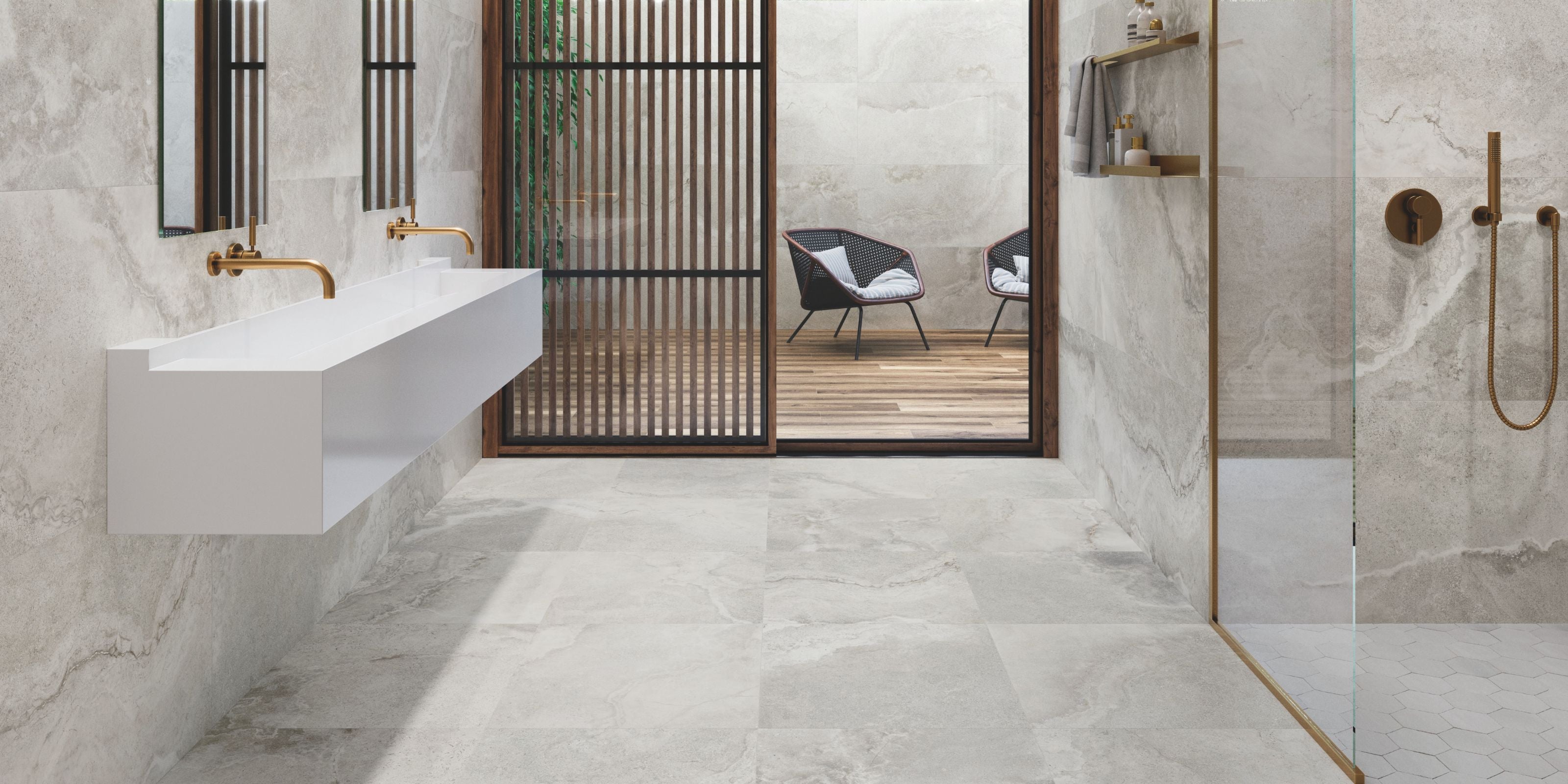 ligt airy spacious bathroom, matt white stone effect bathroom floor and wall tiles