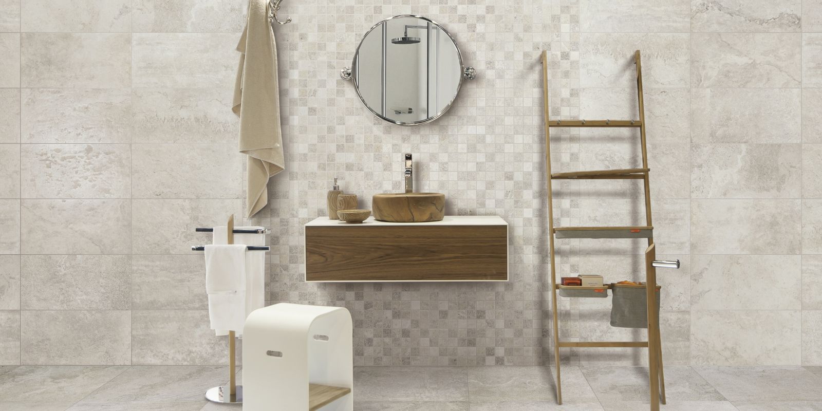 modern luxury bathroom. matt white stone effect porcelain floor and wall tiles and matt white stone effect mosaic wall tiles