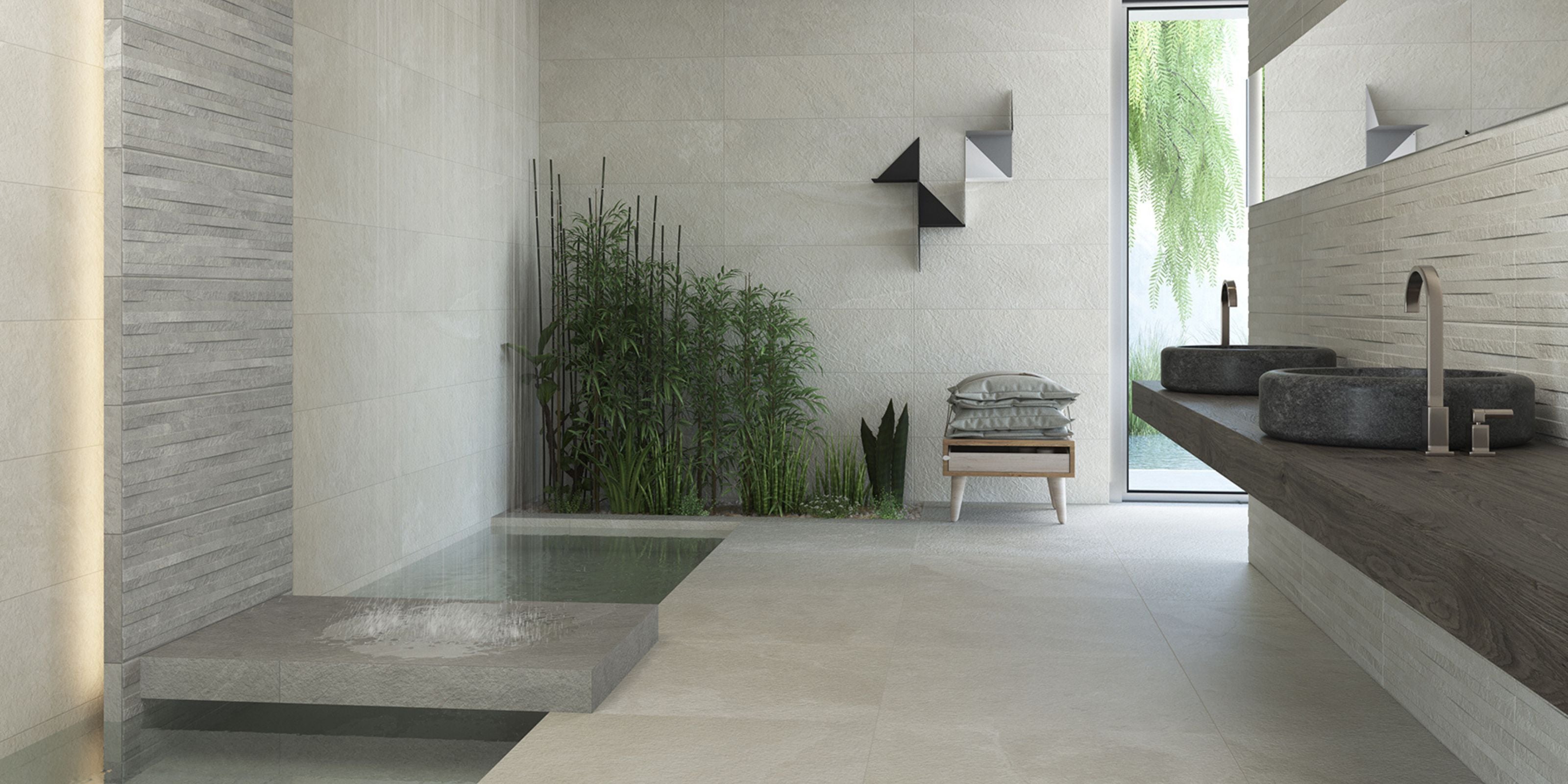 bathroom with rainfall shower and matt white stone effect porcelain bathroom floor and wall tiles