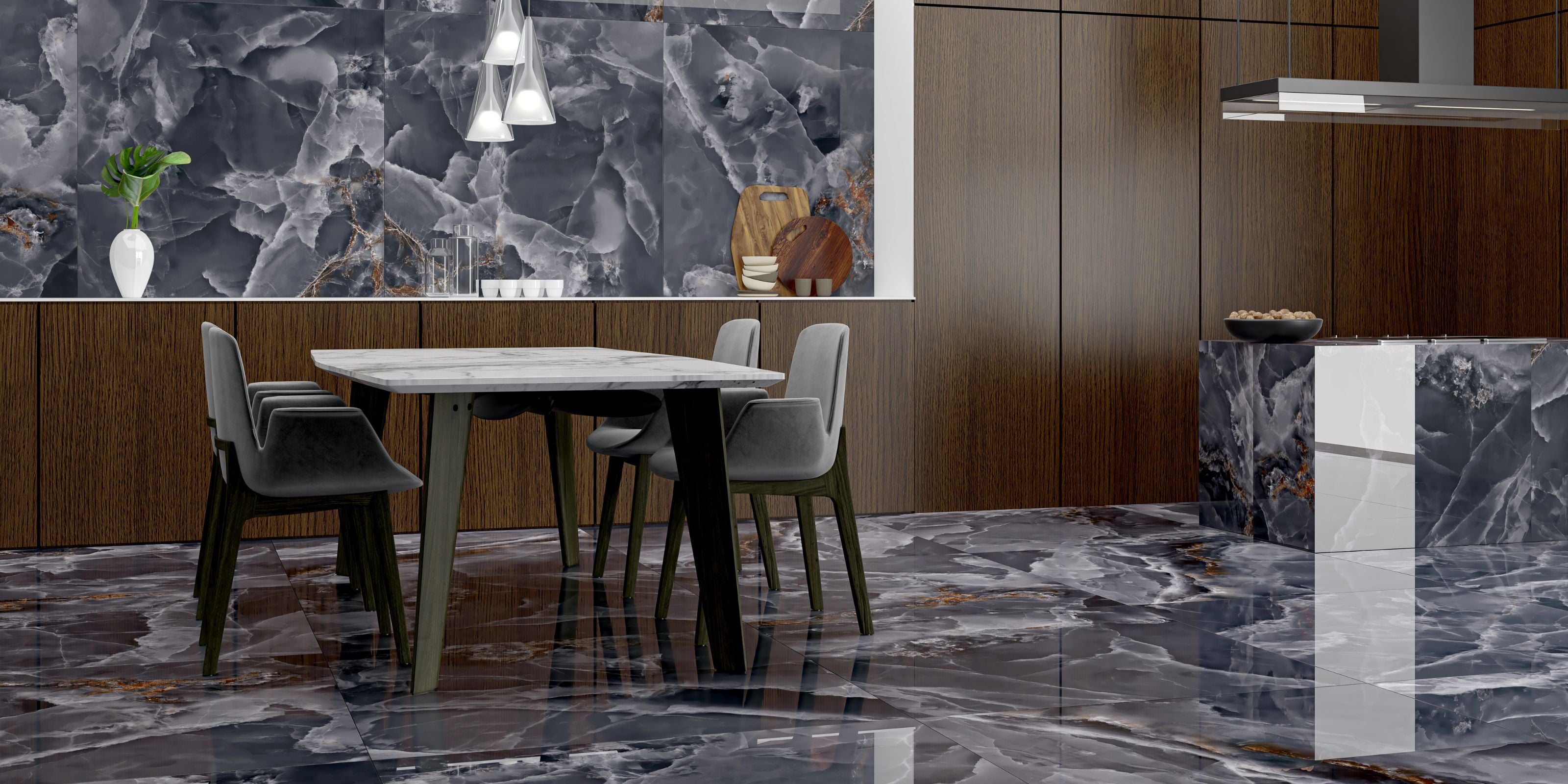 kitchen, dining room, midninght blue onyx effect porcelain floor and wall tile