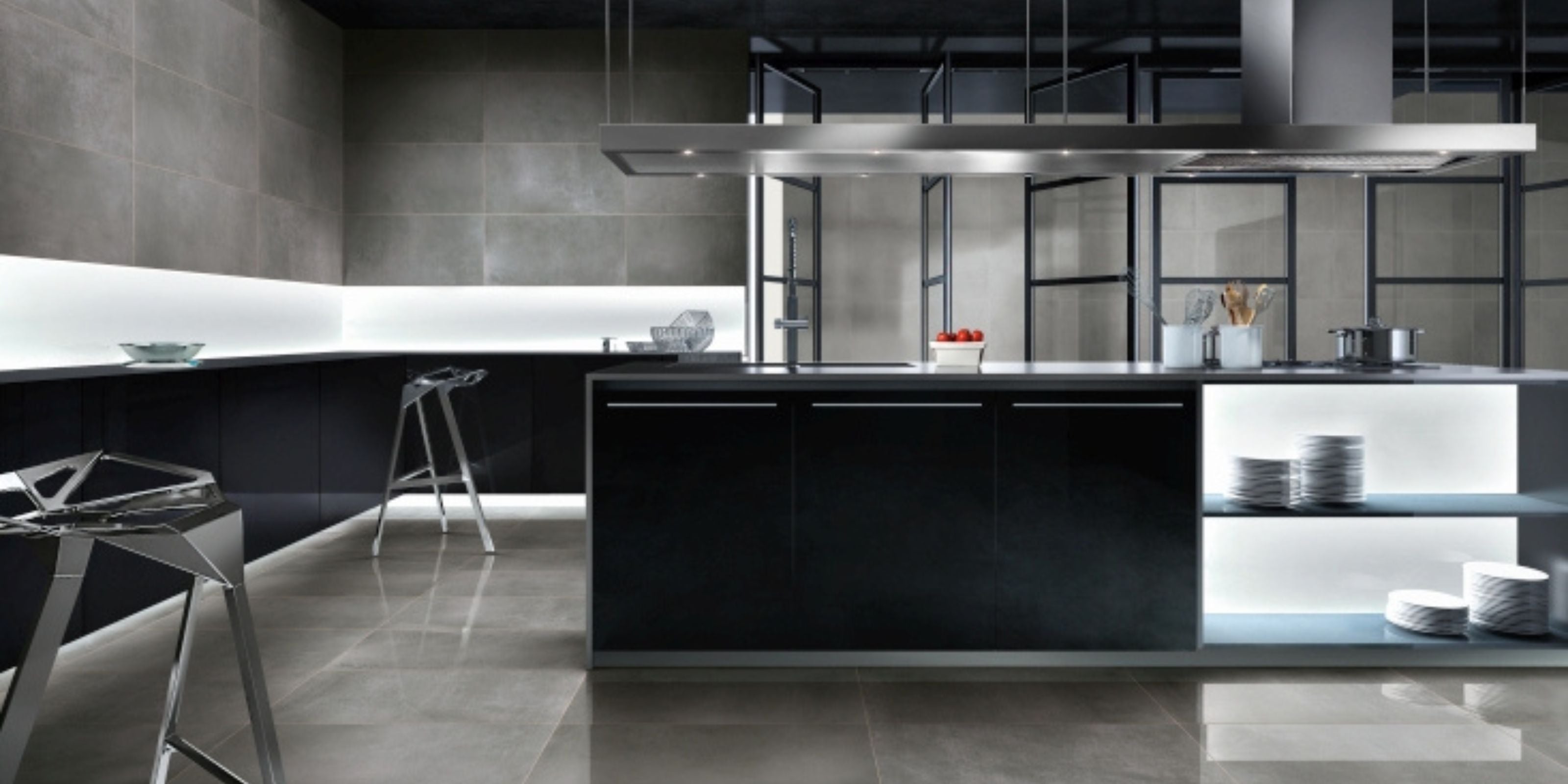 modern sleek minimalist kitchen, polished grey stone effect porcelain floor and wall tiles.