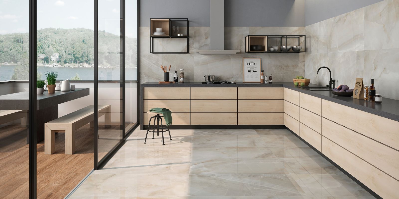 stylish kitchen, polished beige onyx effect porcelain floor and wall tiles