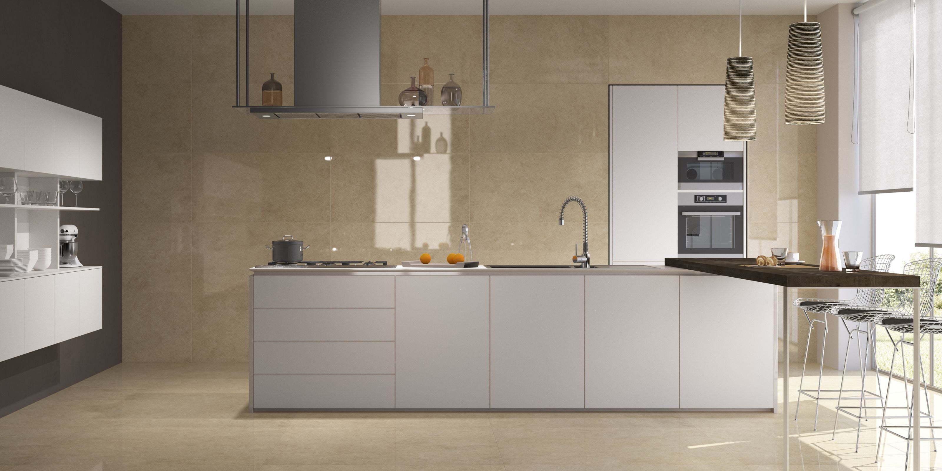 kitchen with breakfast bar, polished beige stone effect porcelain kitchen floor and wall tiles
