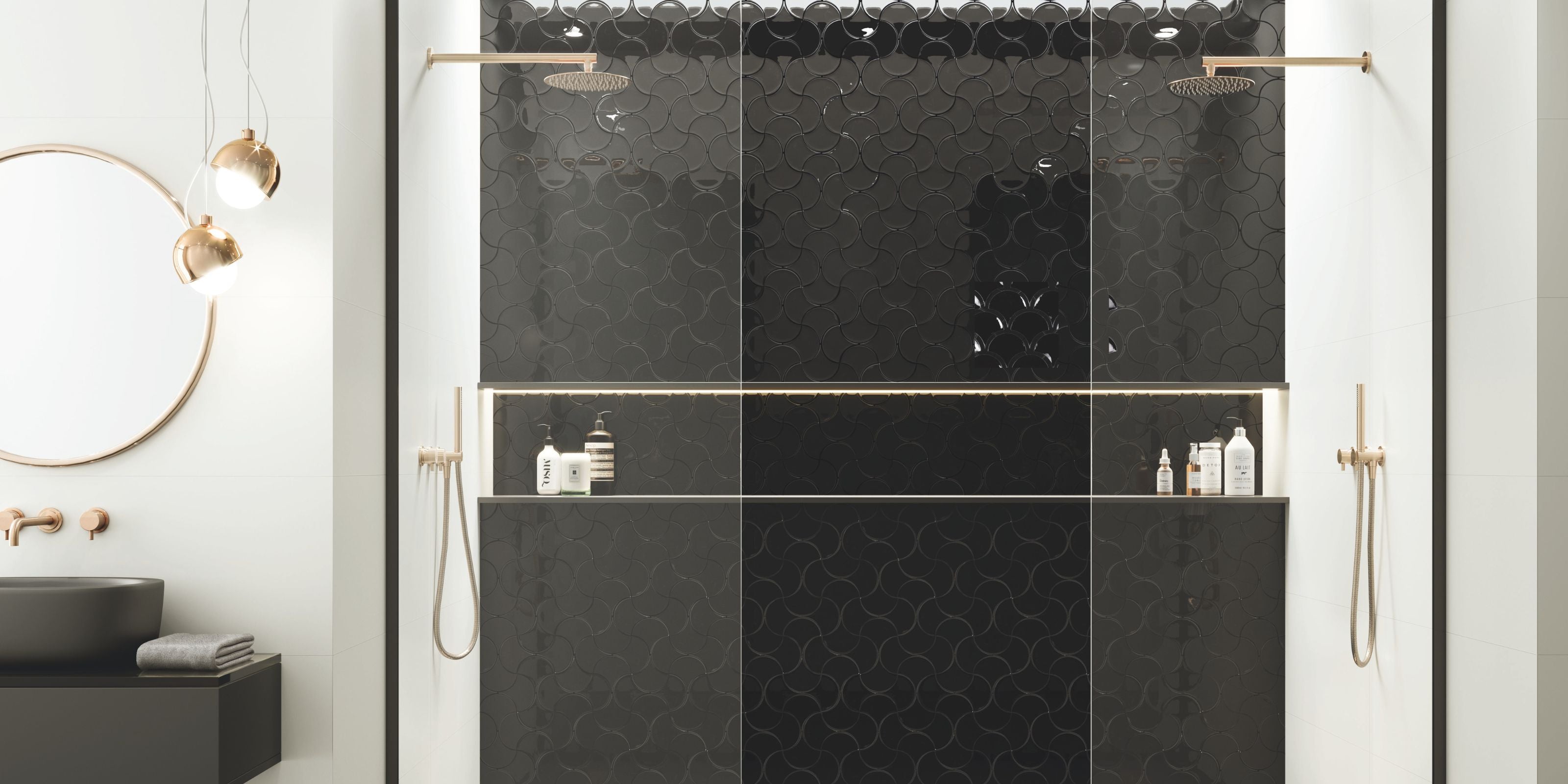 double shower with polished black fan-shaped wall tiles