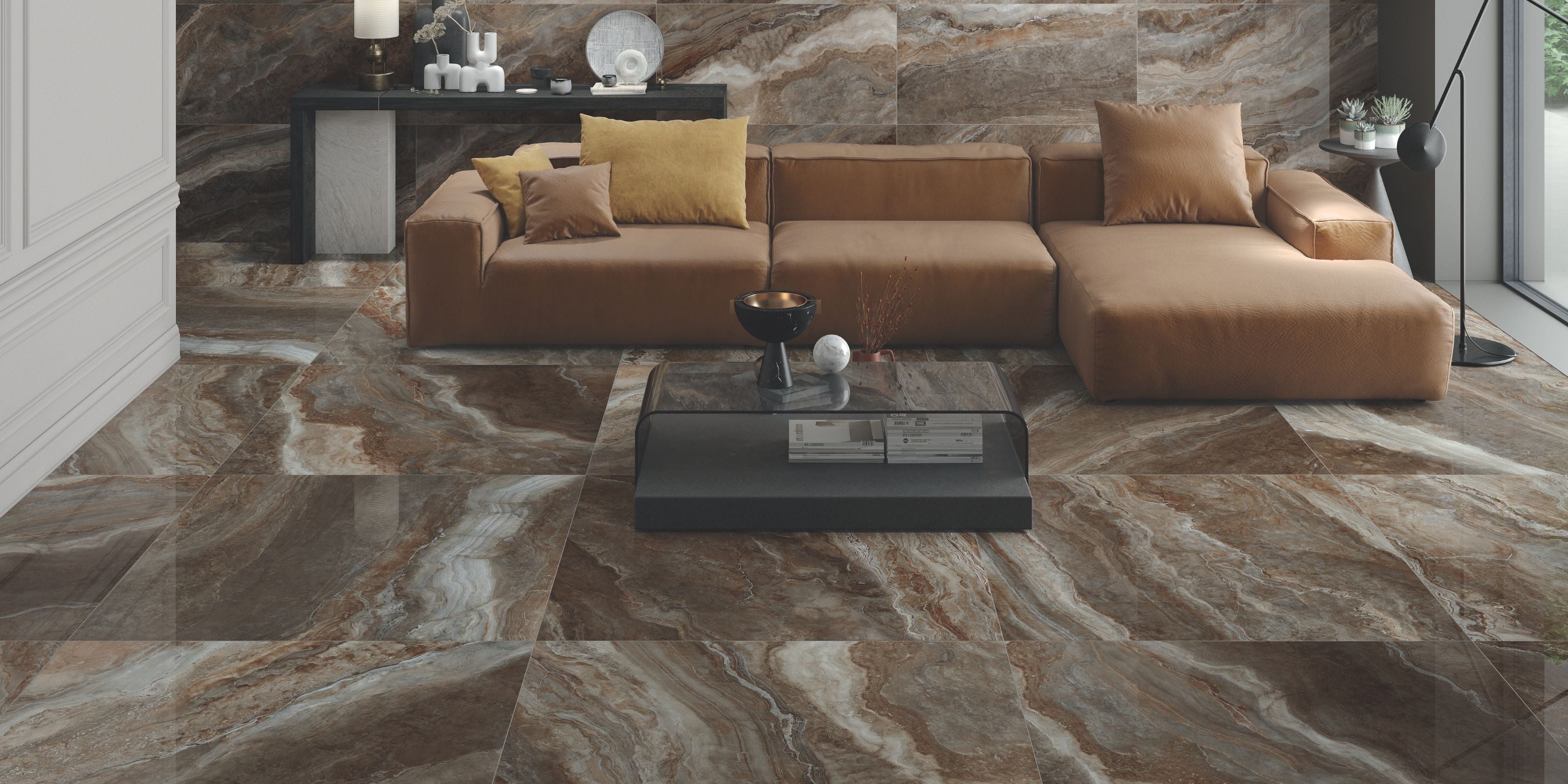 polished brown marble effect porcelain floor tile