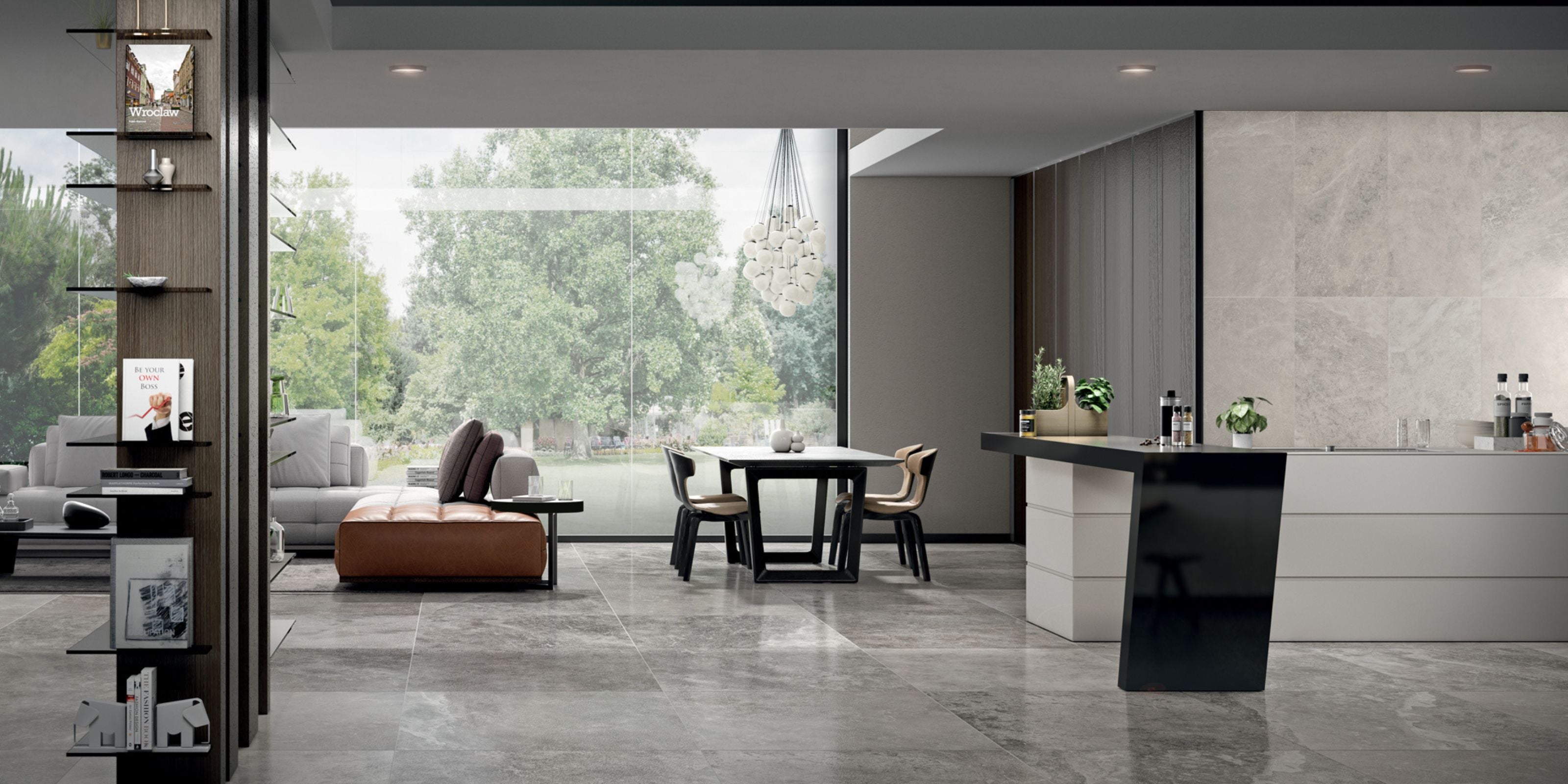 Open Plan Living room kitchen dining area, polished grey stone effect porcelain floor tiles