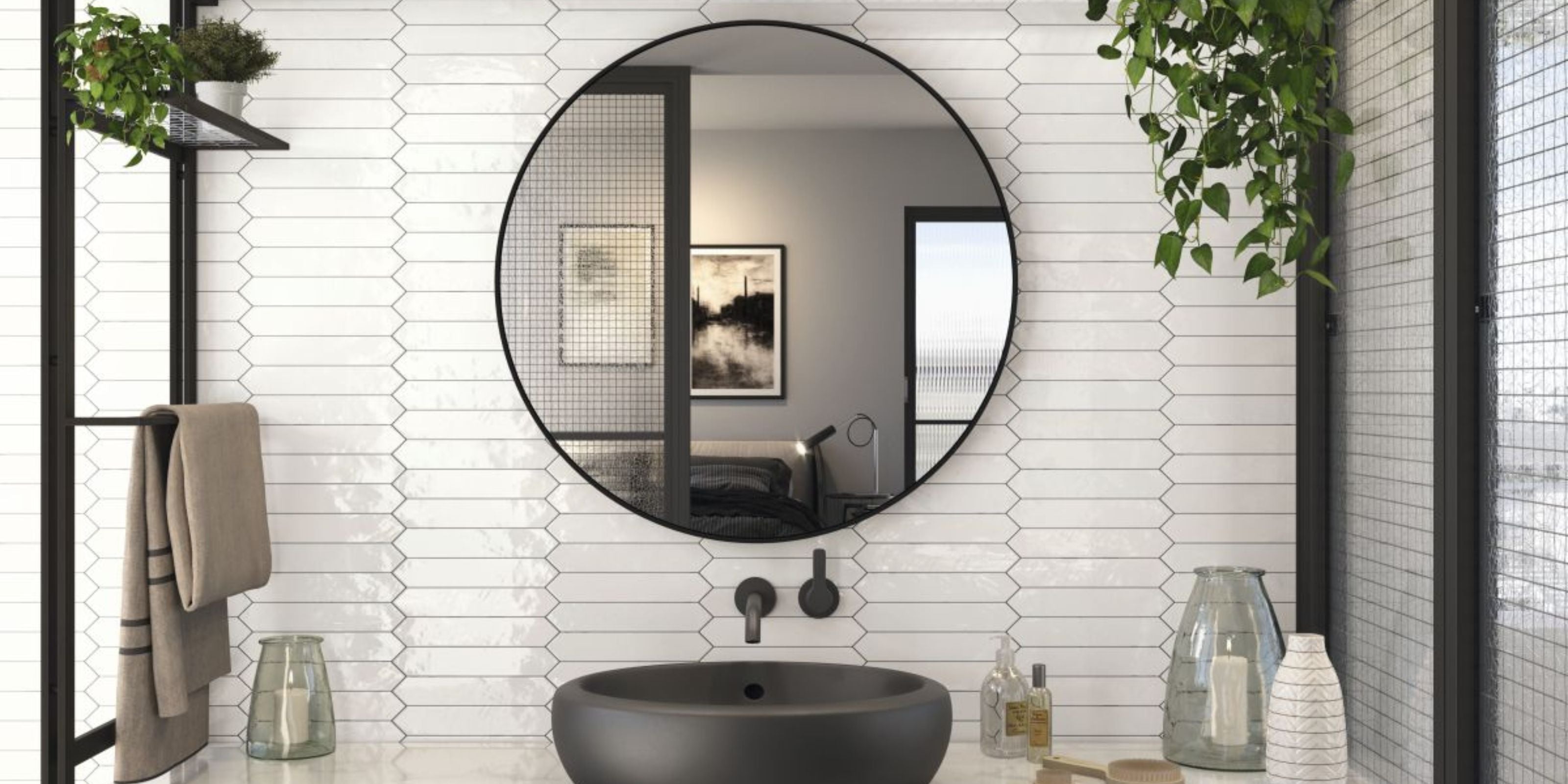 bathroom vanity, basin and mirror with polished white elongated hexagon splashback wall tiles