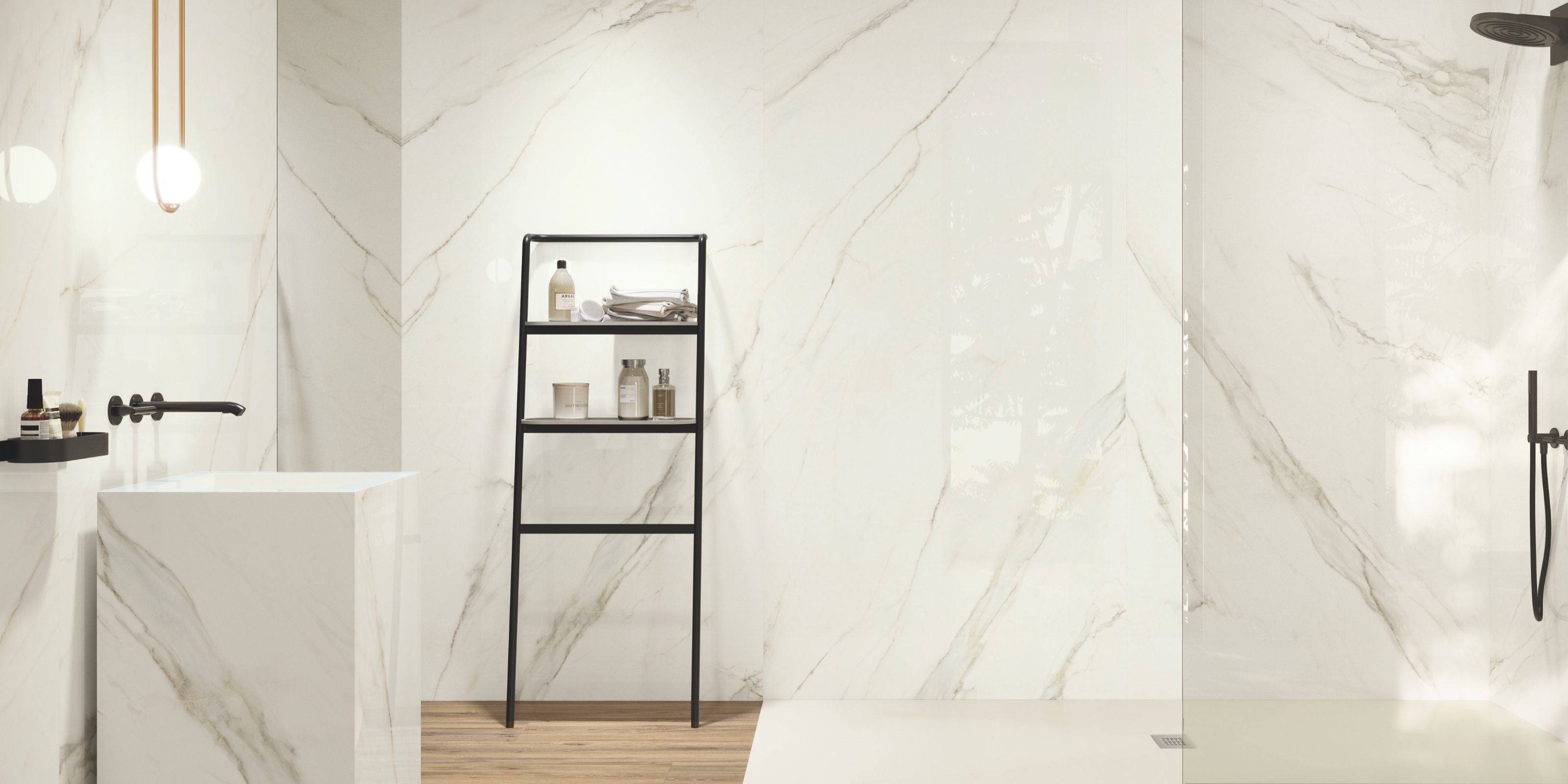 modern bathroom with walk-in shower and polished white marble-effect porcelain bathroom floor and wall tiles