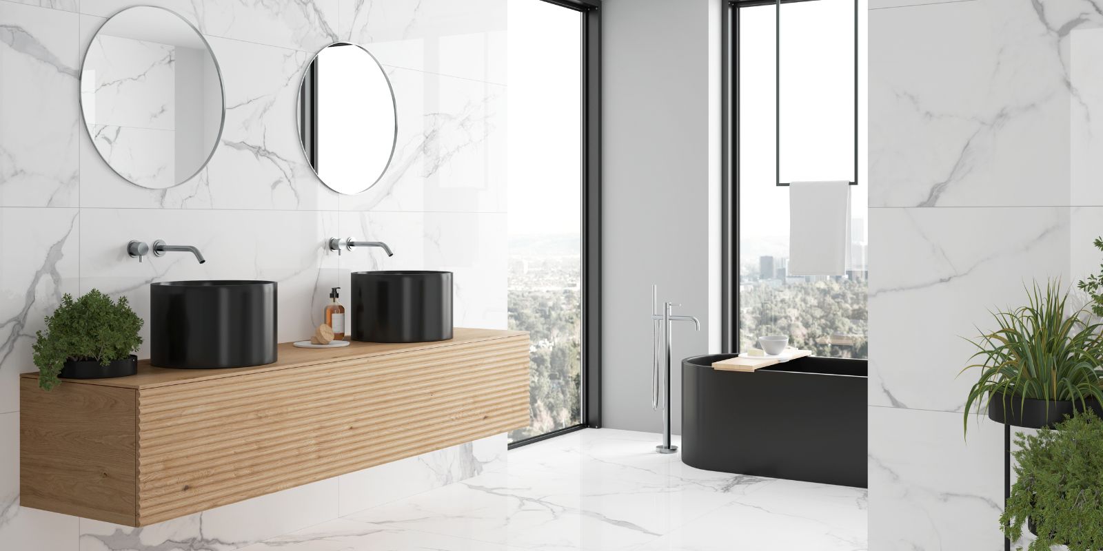 stylish bathroom, polished white marble effect bathroom foor and wall tiles